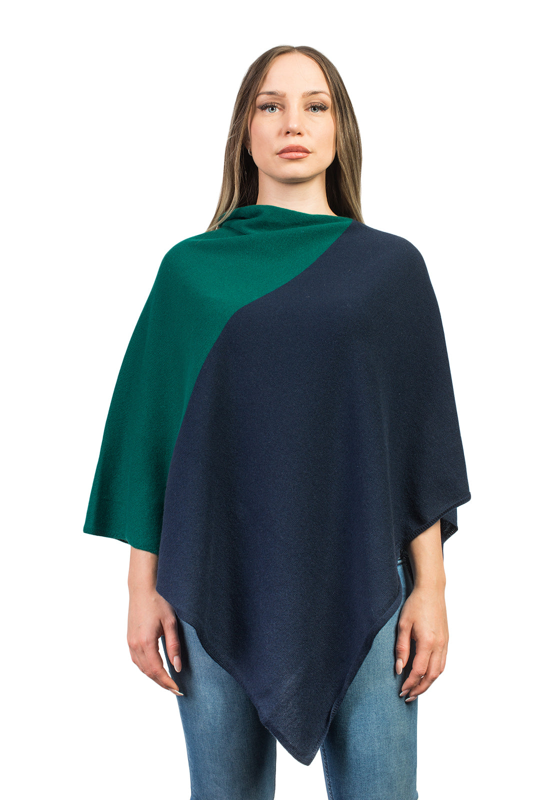 Poncho bicolore femme 100 % cachemire, coloris Bleu-Vert | Dalle Piane Cashmere