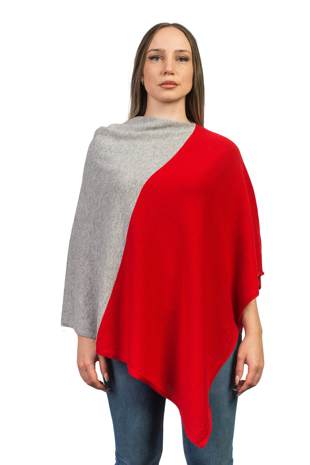 Poncho bicolore femme 100 % cachemire, coloris Rouge-Gris | Dalle Piane Cashmere