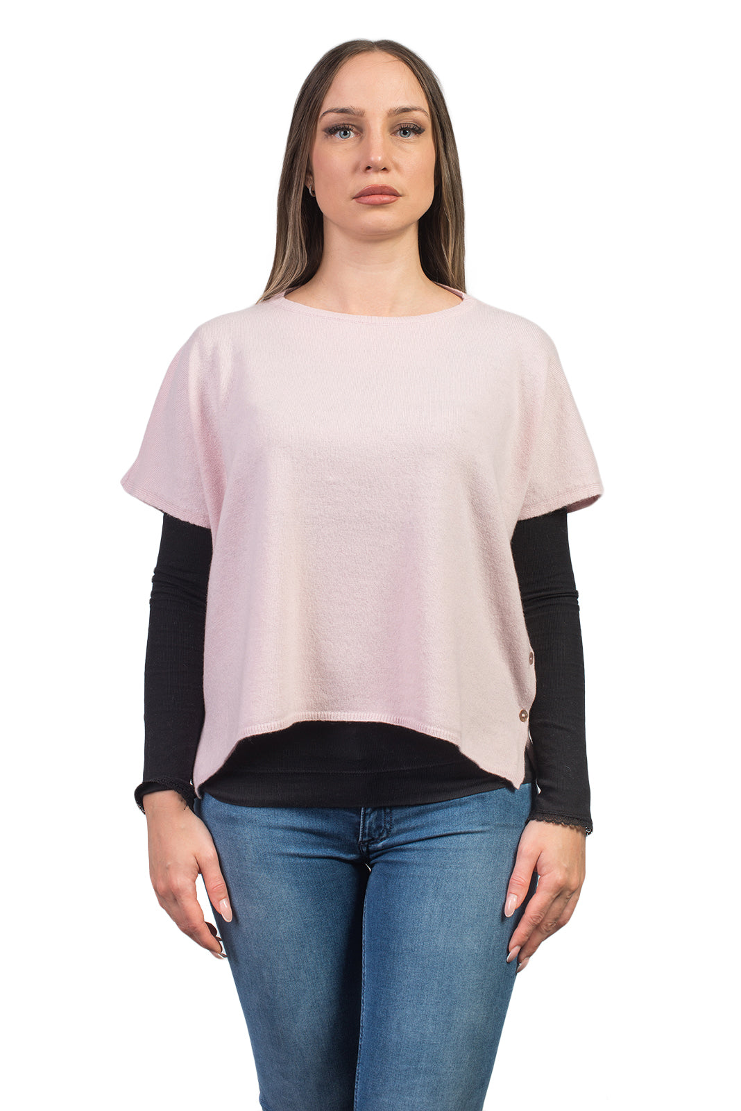 Pull col rond à boutons femme mélange cachemire, coloris Rose | Dalle Piane Cashmere