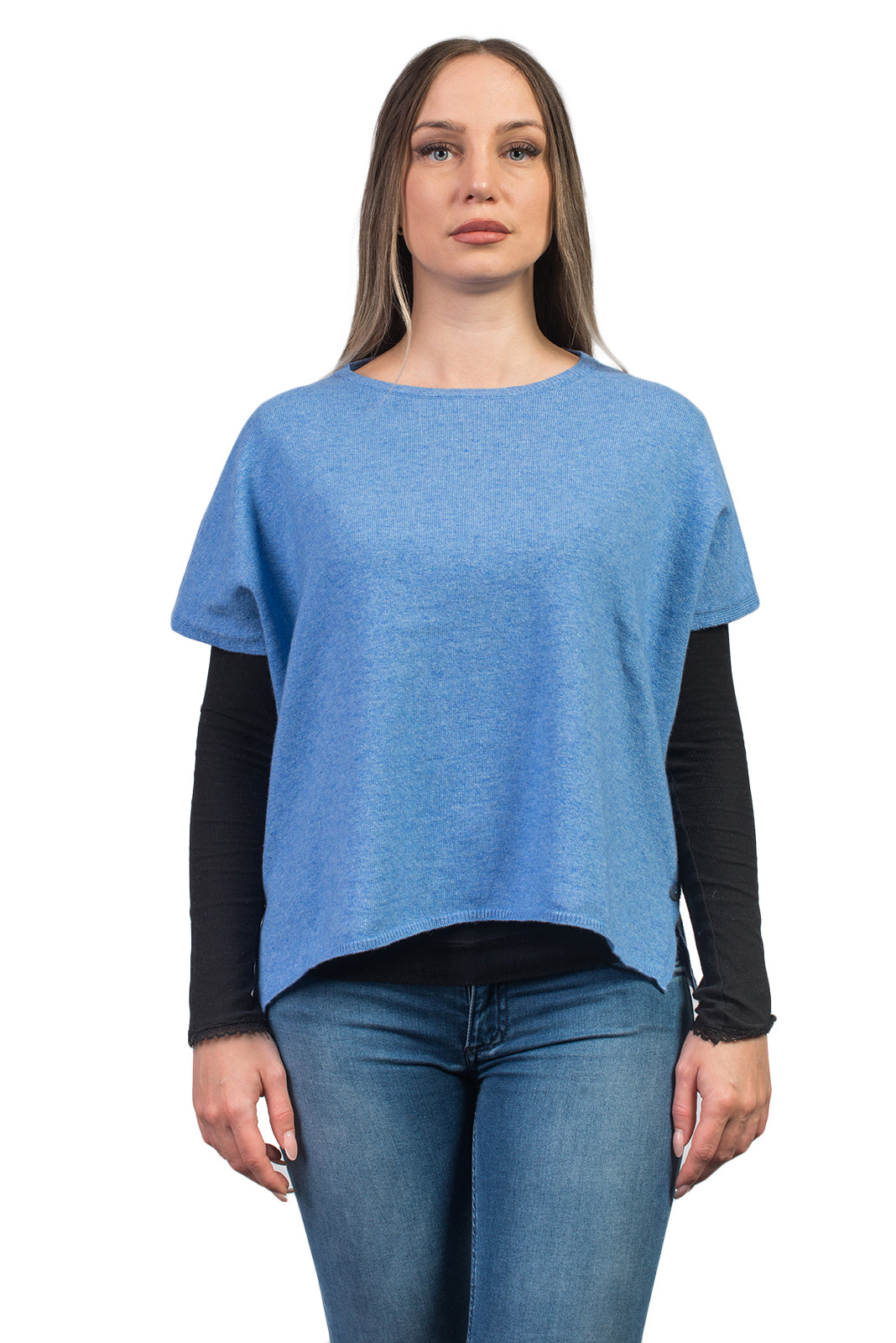 Pull col rond à boutons femme mélange cachemire, coloris Azur | Dalle Piane Cashmere