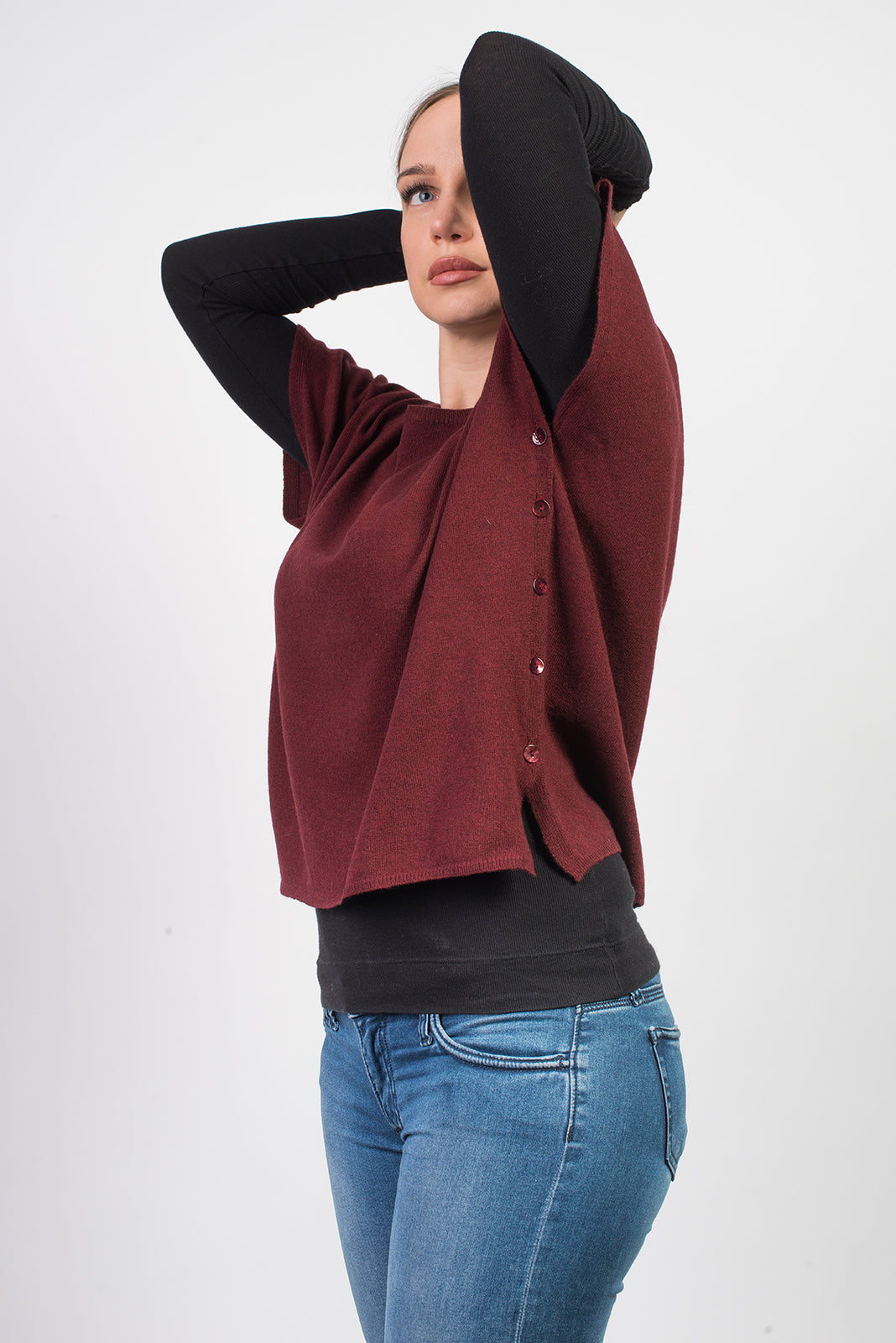 Pull col rond à boutons femme mélange cachemire, coloris Bordeaux, vue 2 | Dalle Piane Cashmere