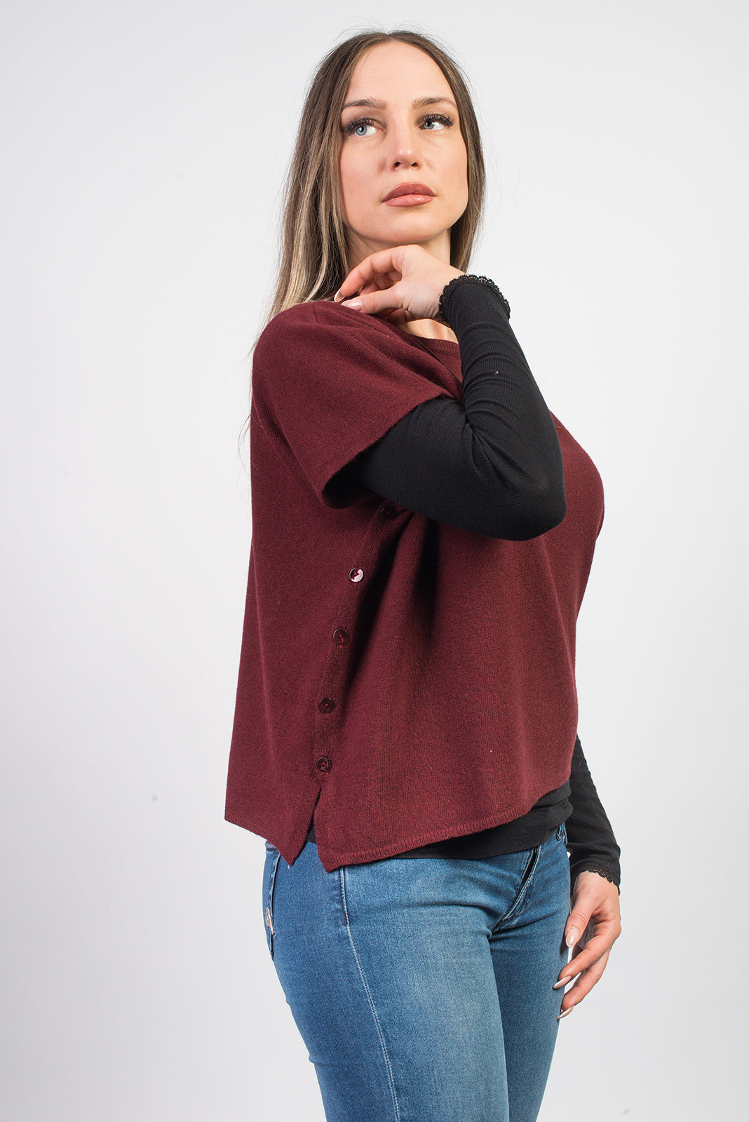 Pull col rond à boutons femme mélange cachemire, coloris Bordeaux, vue 3 | Dalle Piane Cashmere