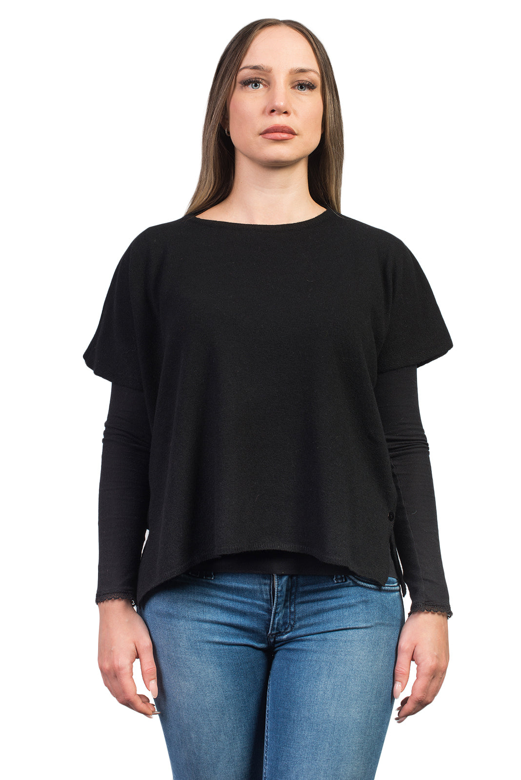 Pull col rond à boutons femme mélange cachemire, coloris Noir | Dalle Piane Cashmere