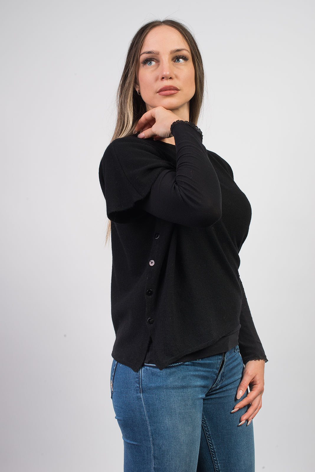 Pull col rond à boutons femme mélange cachemire, coloris Noir, vue 3 | Dalle Piane Cashmere