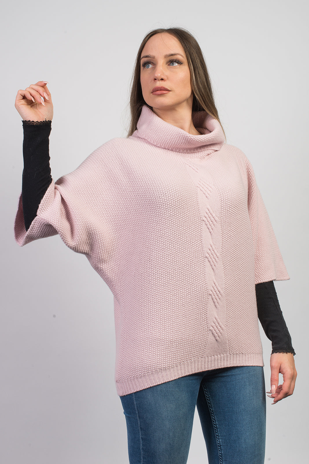 Pull à torsade femme mélange cachemire, coloris Rose, vue 2 | Dalle Piane Cashmere
