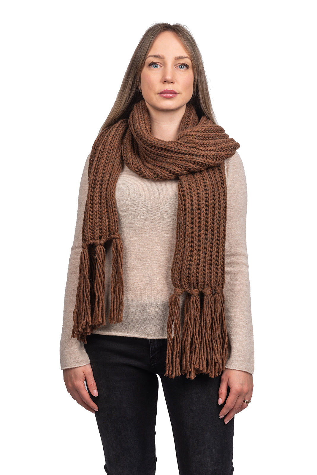 Écharpe à franges laine et alpaga, coloris Moka | Dalle Piane Cashmere