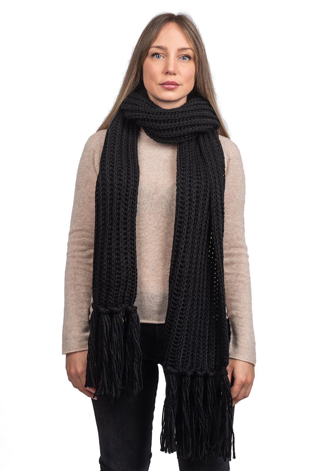 Écharpe à franges laine et alpaga, coloris Noir | Dalle Piane Cashmere