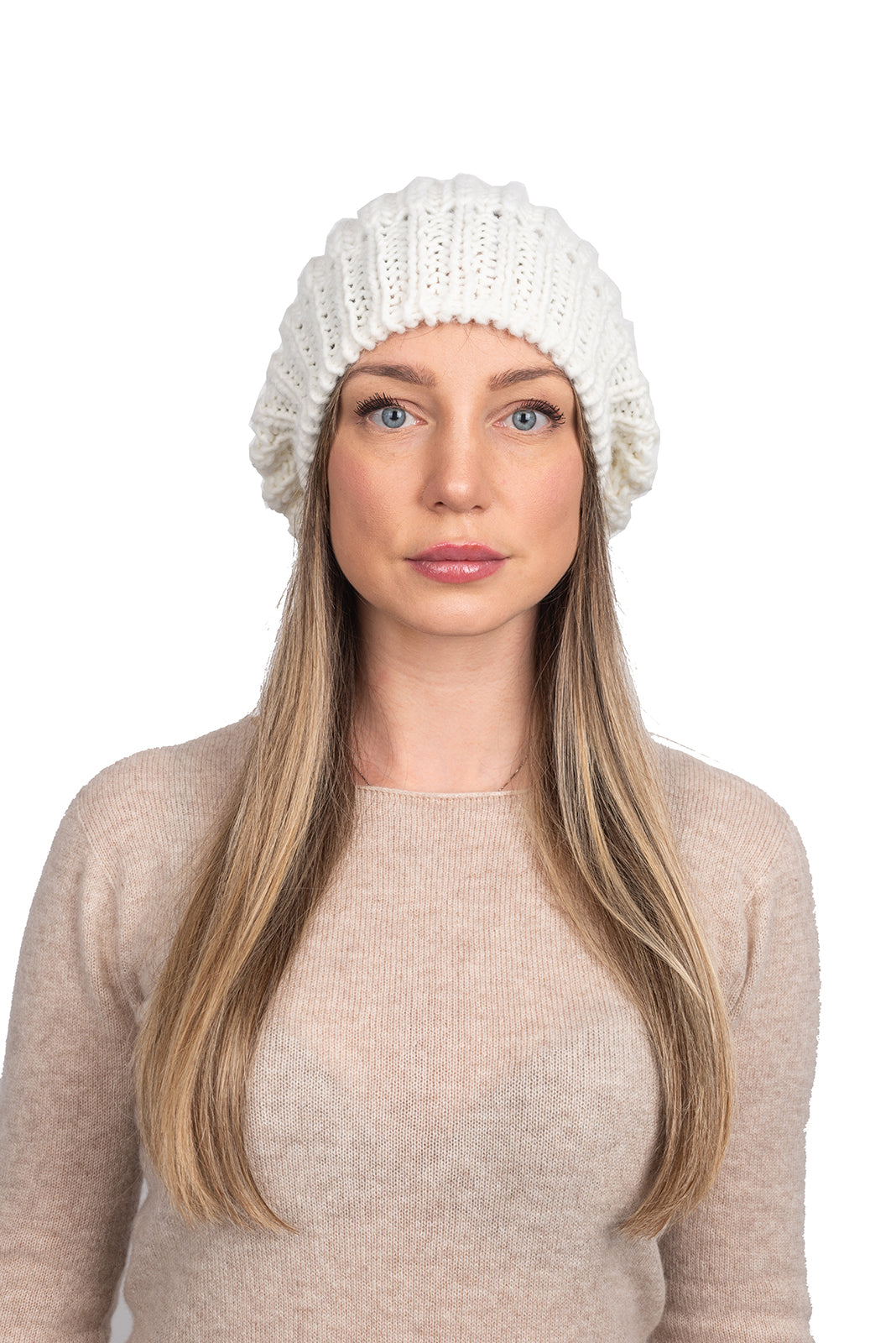 Bonnet côtes anglaises laine et alpaga, coloris Blanc | Dalle Piane Cashmere