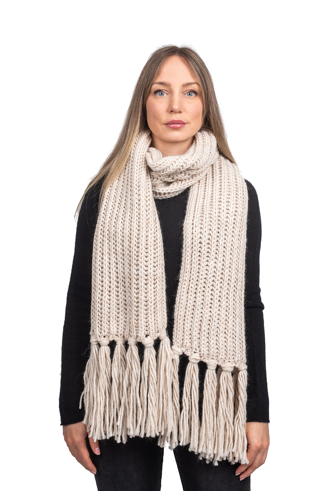 Sciarpa maglia inglese con frange, colore Beige | Dalle Piane Cashmere