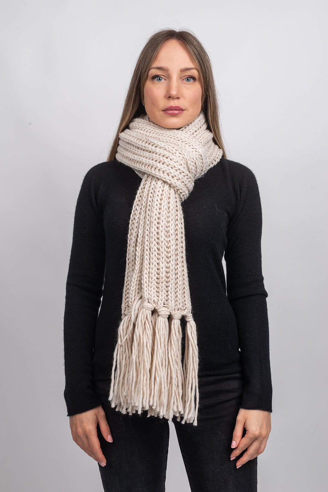 Sciarpa maglia inglese con frange, colore Beige, vista 2 | Dalle Piane Cashmere