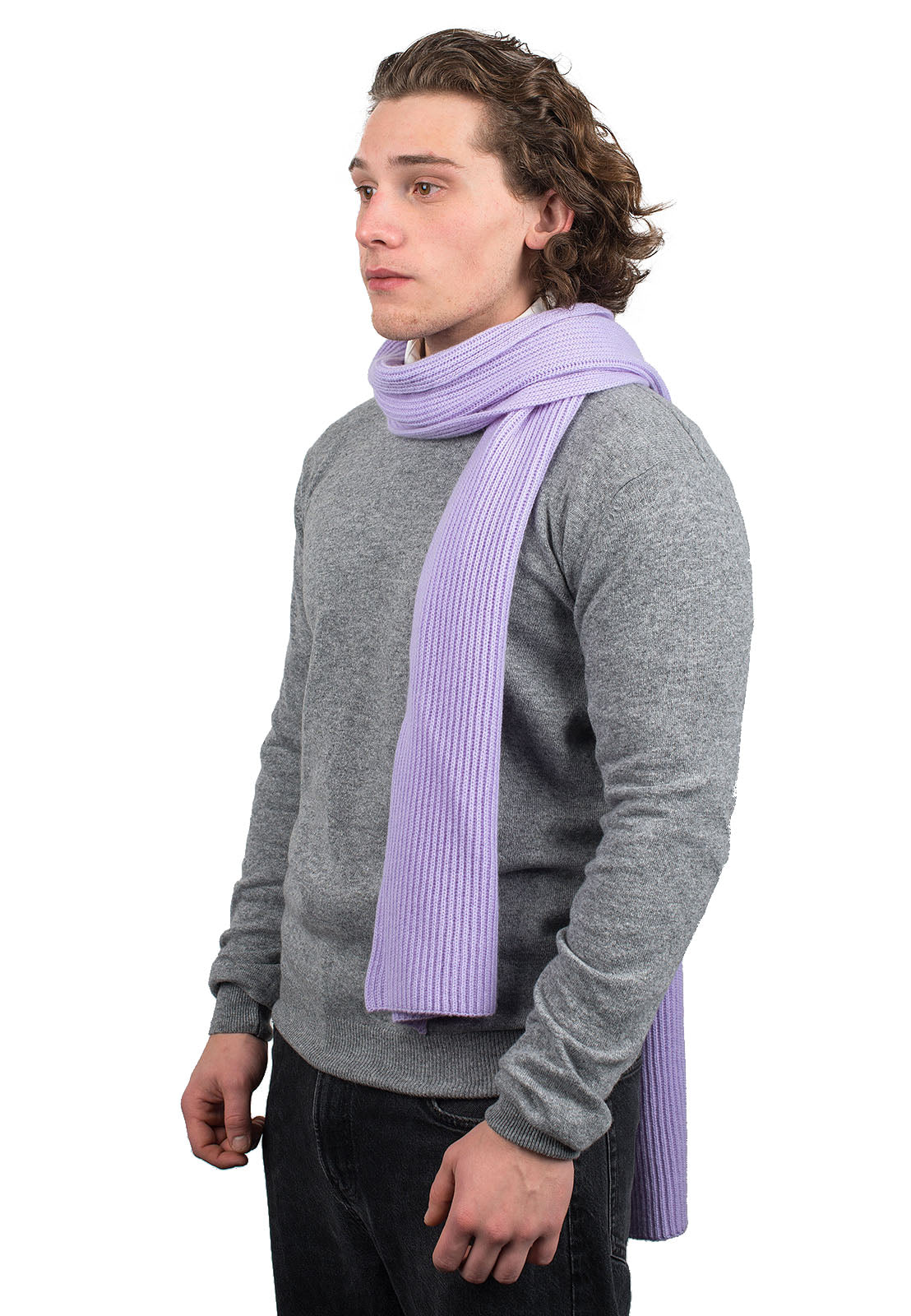Écharpe homme côtes anglaises 100 % cachemire, coloris Lilas | Dalle Piane Cashmere