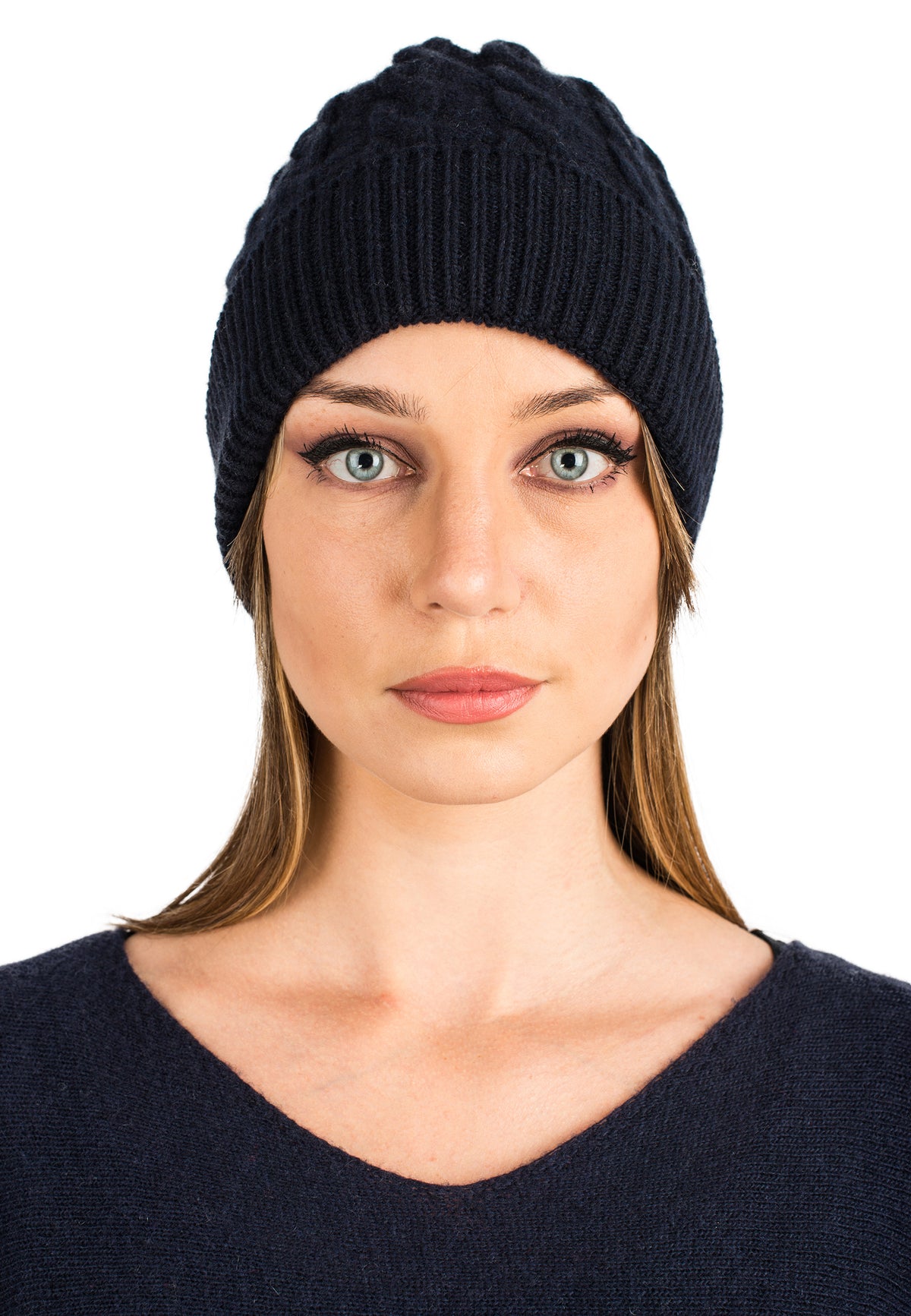 Bonnet à torsades en cachemire régénéré, coloris Bleu | Dalle Piane Cashmere