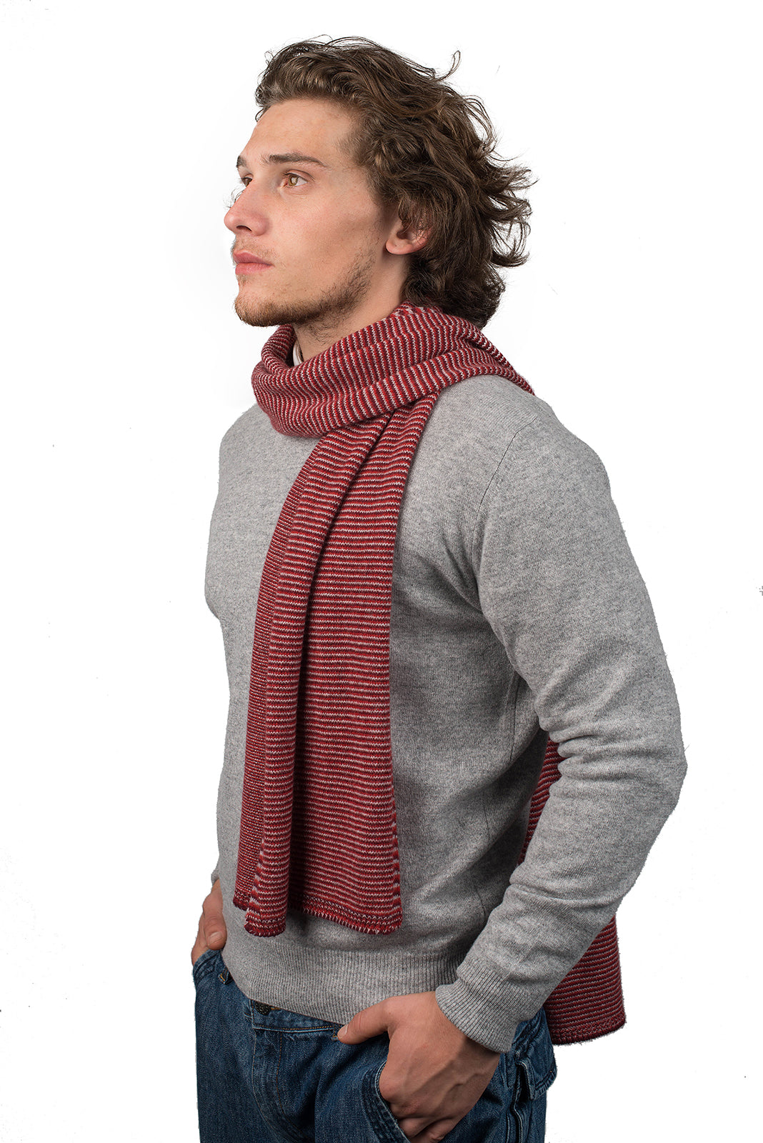 Écharpe homme à rayures 100 % cachemire, coloris Rouge-Bordeaux-Gris | Dalle Piane Cashmere
