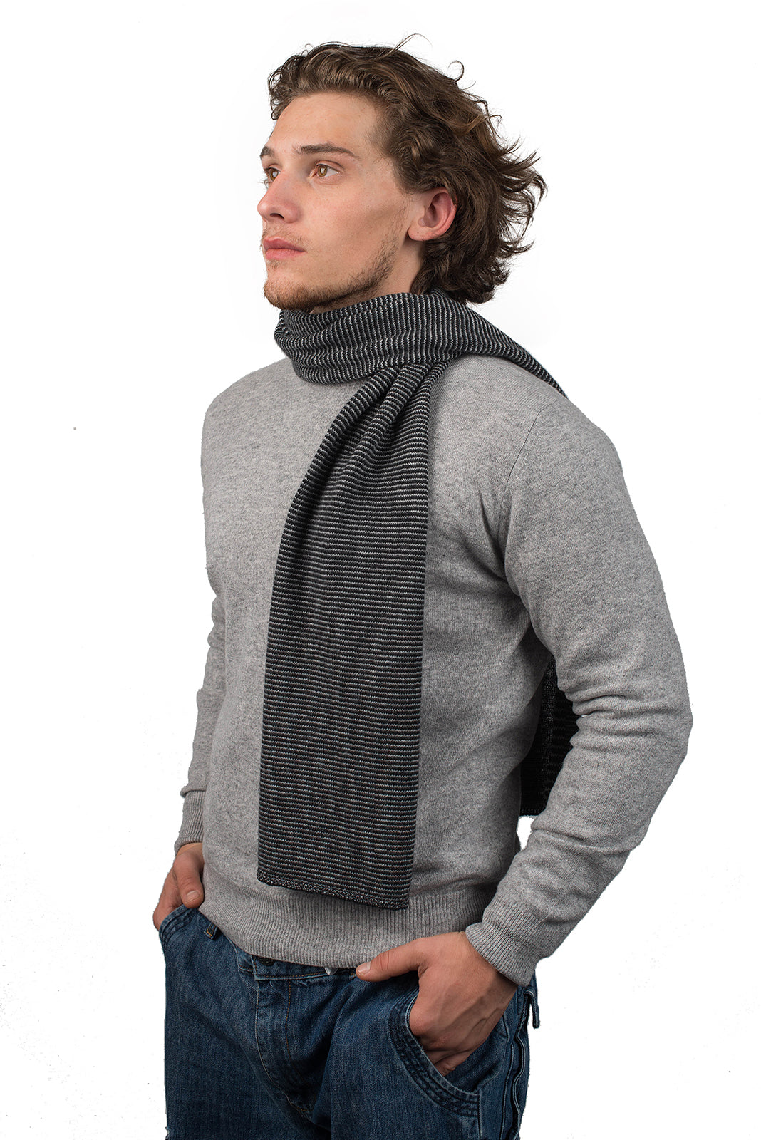 Écharpe homme à rayures 100 % cachemire, coloris Noir-Anthracite-Gris | Dalle Piane Cashmere