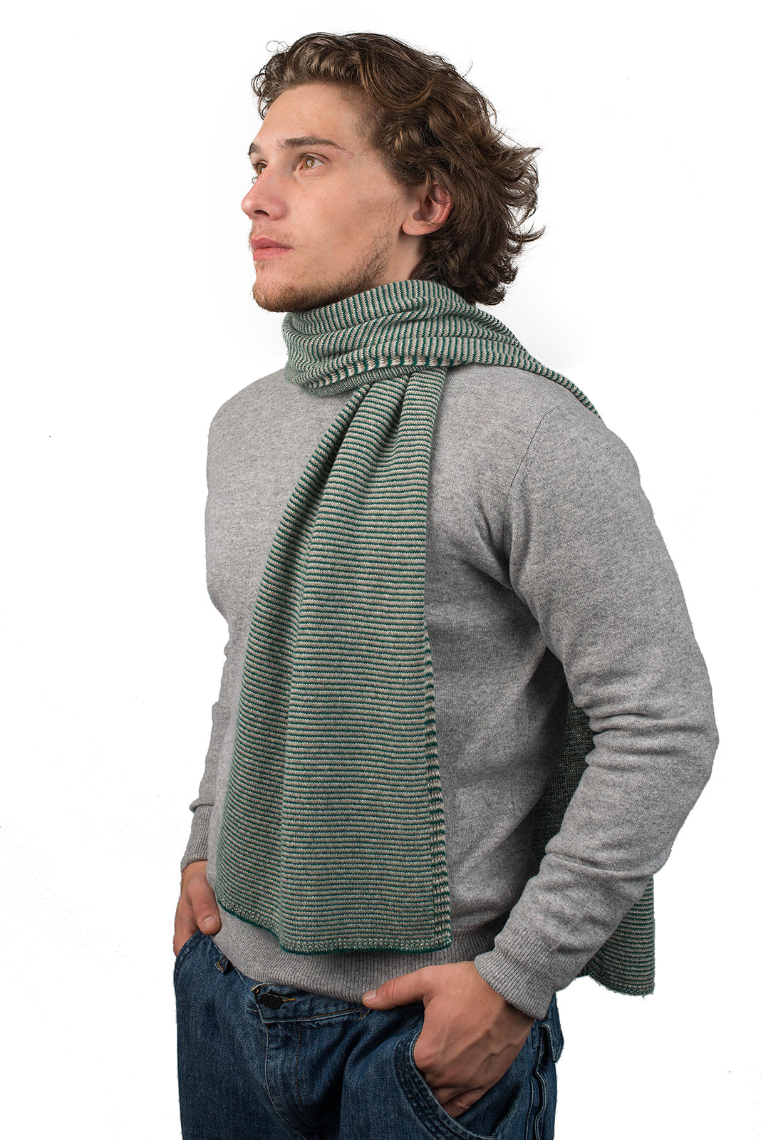 Écharpe homme à rayures 100 % cachemire, coloris Vert-Beige-Crème | Dalle Piane Cashmere