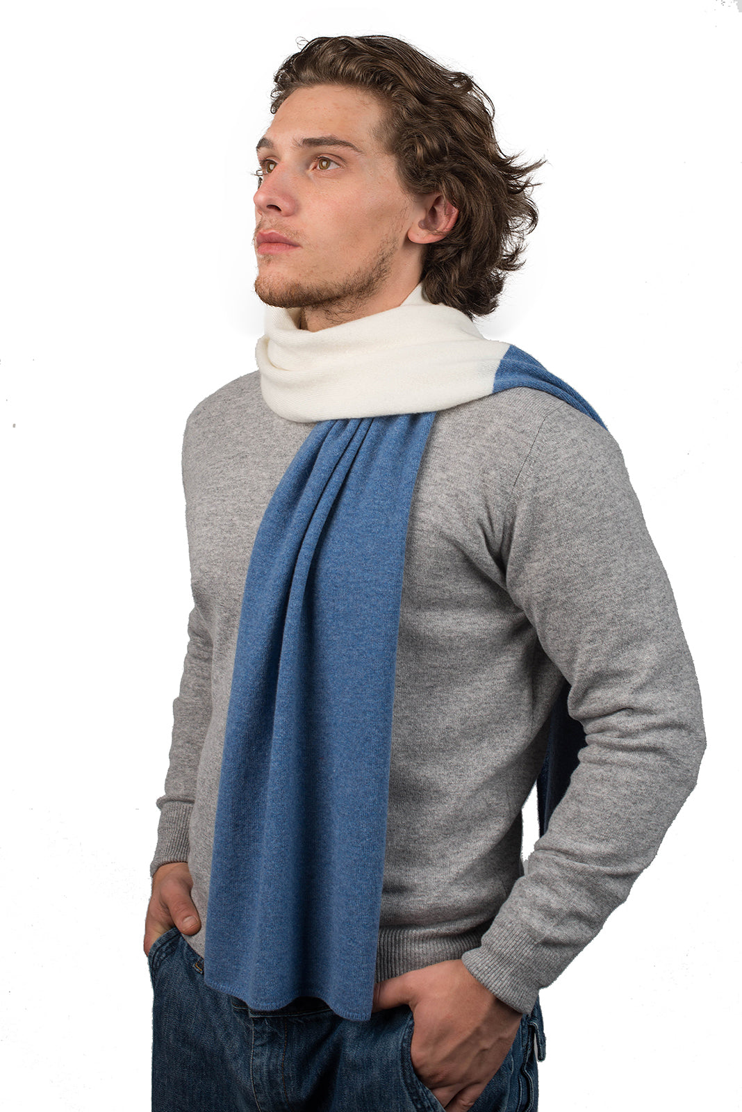 Écharpe homme bicolore 100 % cachemire, coloris Crème-Azur | Dalle Piane Cashmere