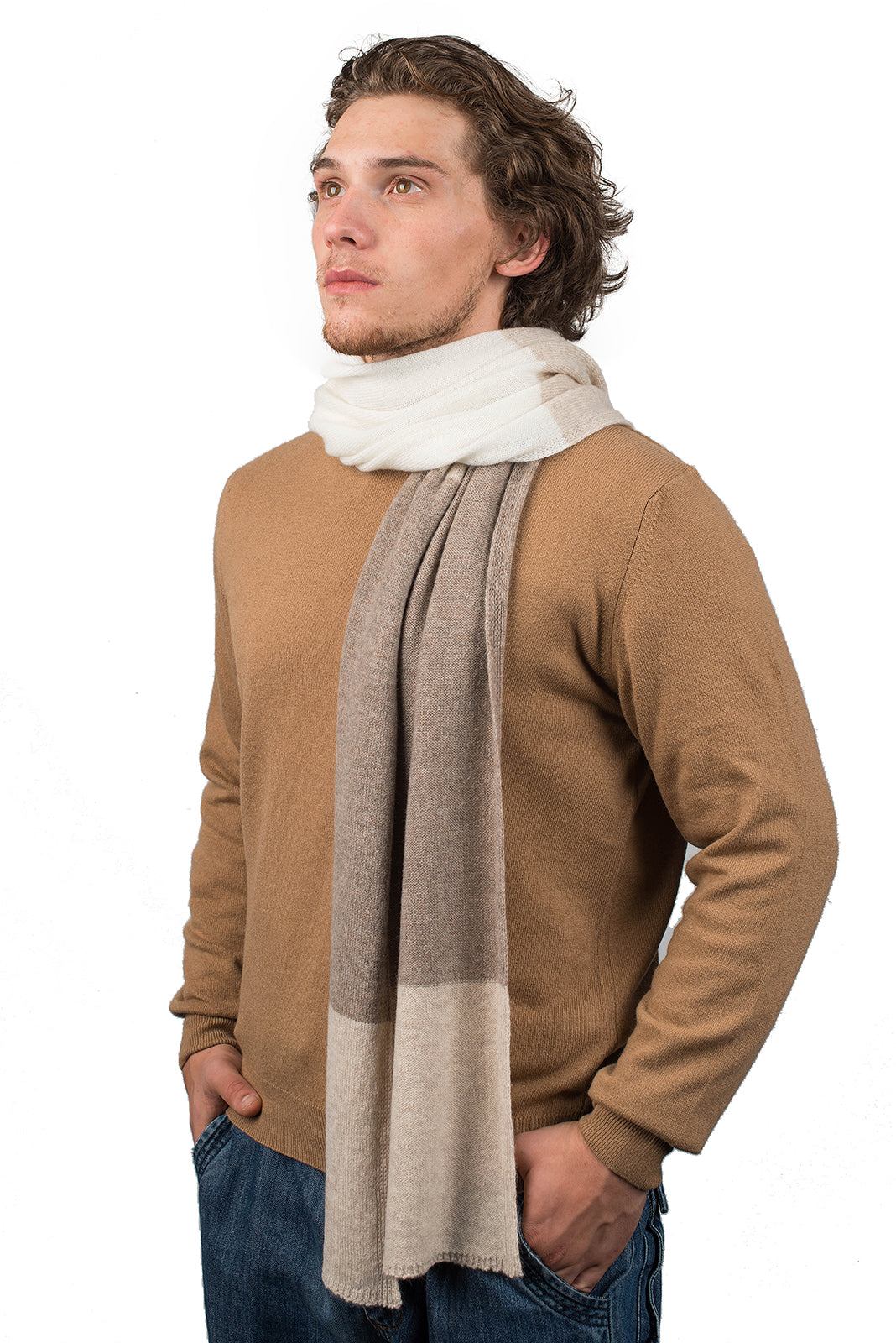 Écharpe homme tricolore 100 % cachemire, coloris Beige-Vison-Crème | Dalle Piane Cashmere