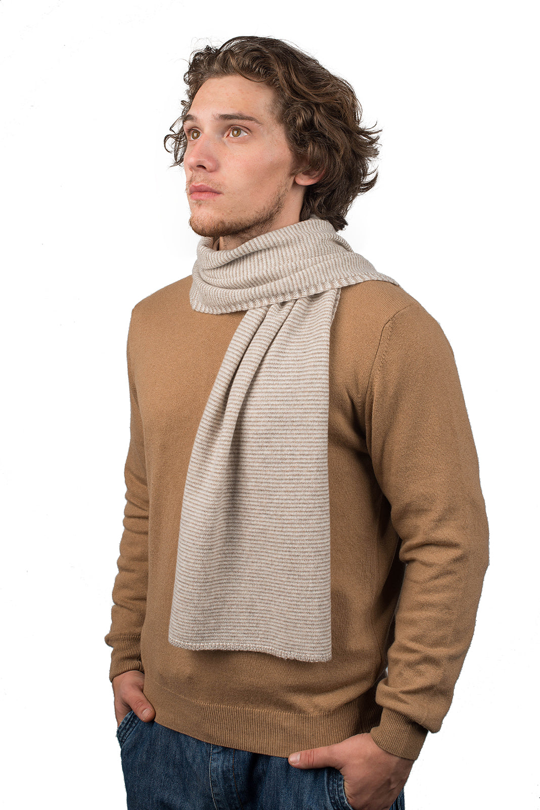 Écharpe homme à rayures 100 % cachemire, coloris Vison-Beige-Crème | Dalle Piane Cashmere