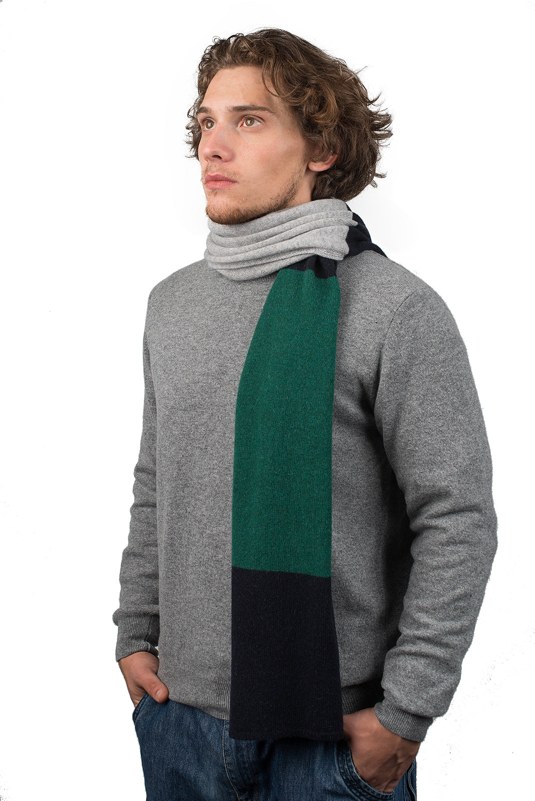 Écharpe homme tricolore 100 % cachemire, coloris Bleu-Vert-Gris | Dalle Piane Cashmere