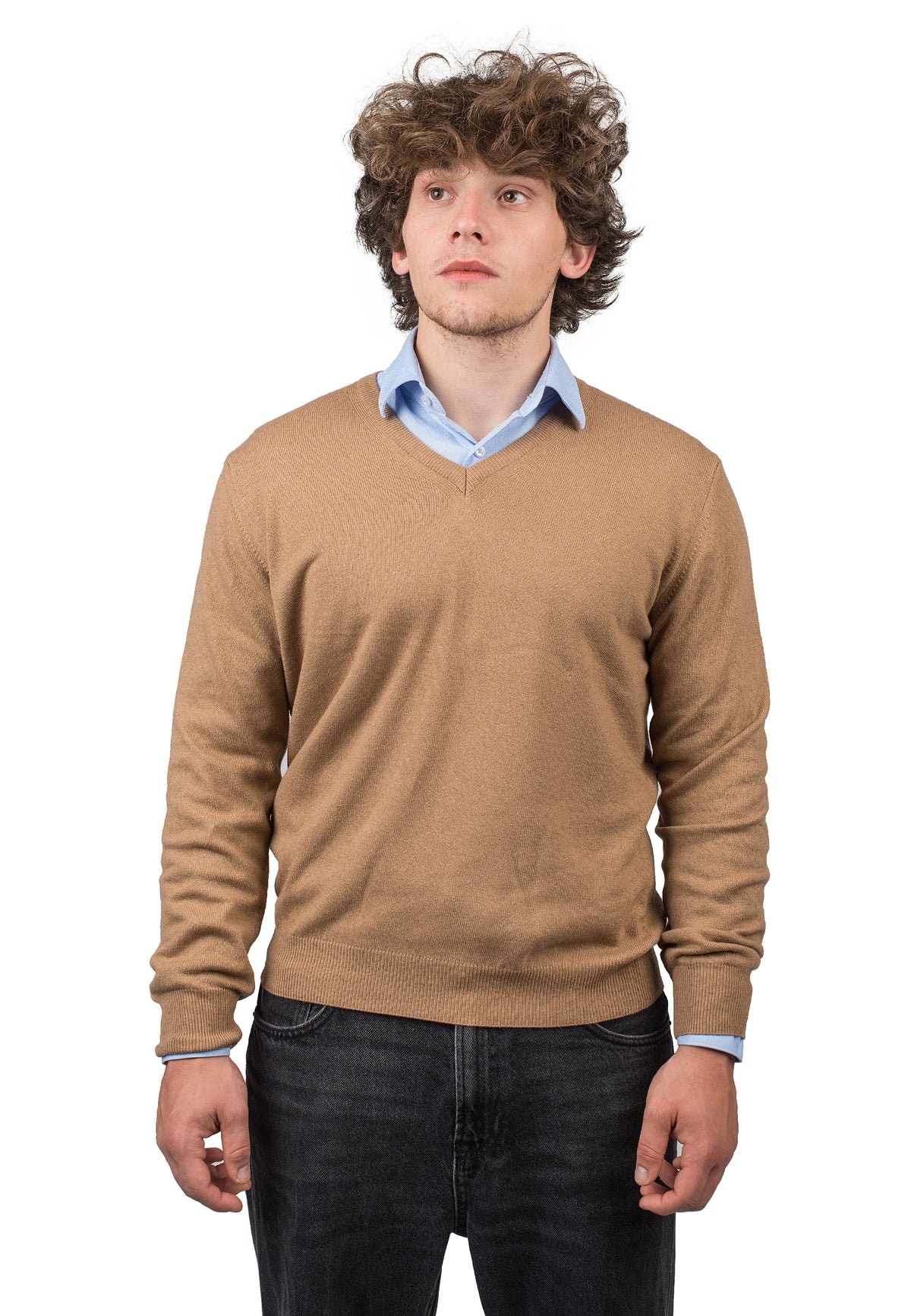 Pull col V homme mélange cachemire, coloris Camel | Dalle Piane Cashmere