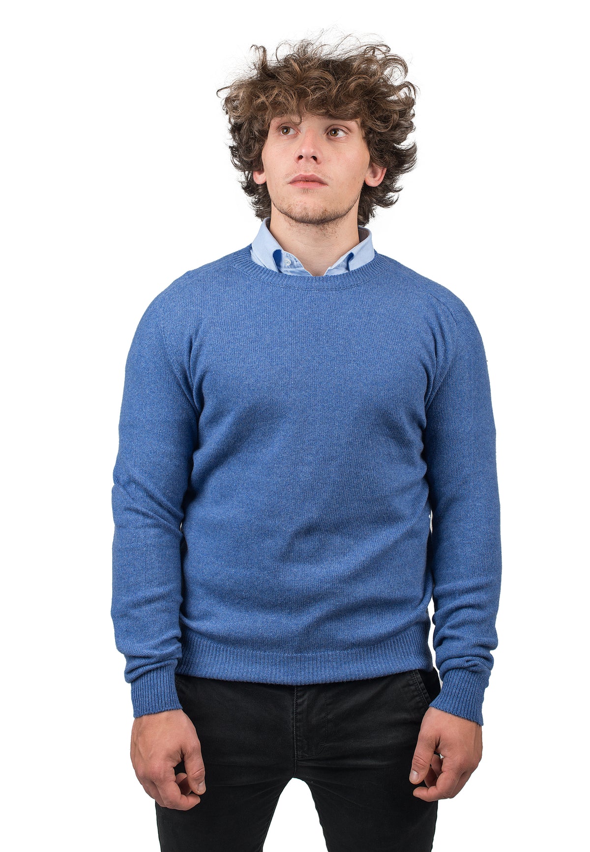 Pull col rond homme en cachemire régénéré, coloris Azur | Dalle Piane Cashmere