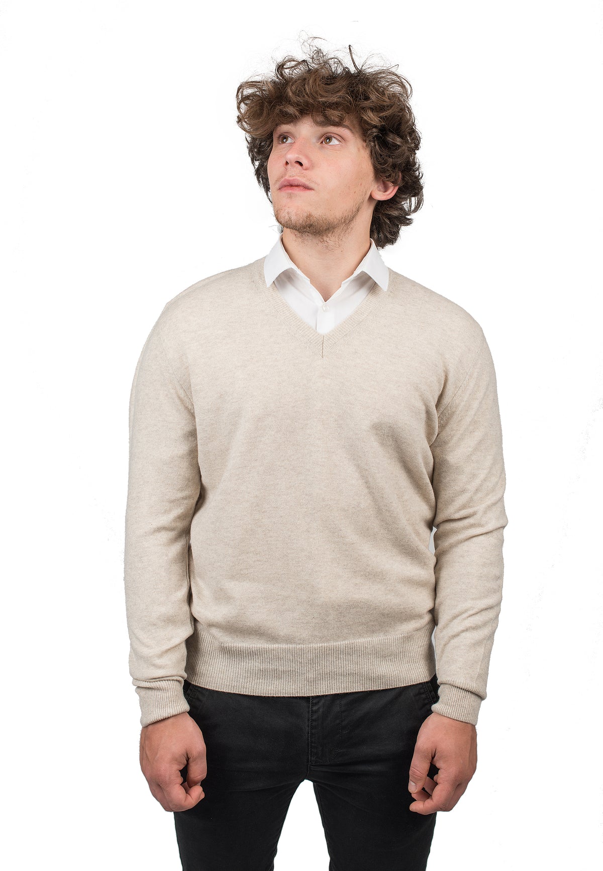 Pull col V homme 100 % cachemire, coloris Beige | Dalle Piane Cashmere