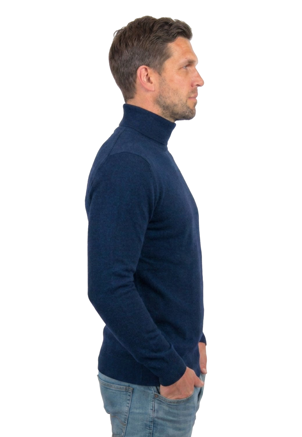 Pull col roulé homme 100 % laine mérinos, coloris Bleu, vue 3 | Dalle Piane Cashmere