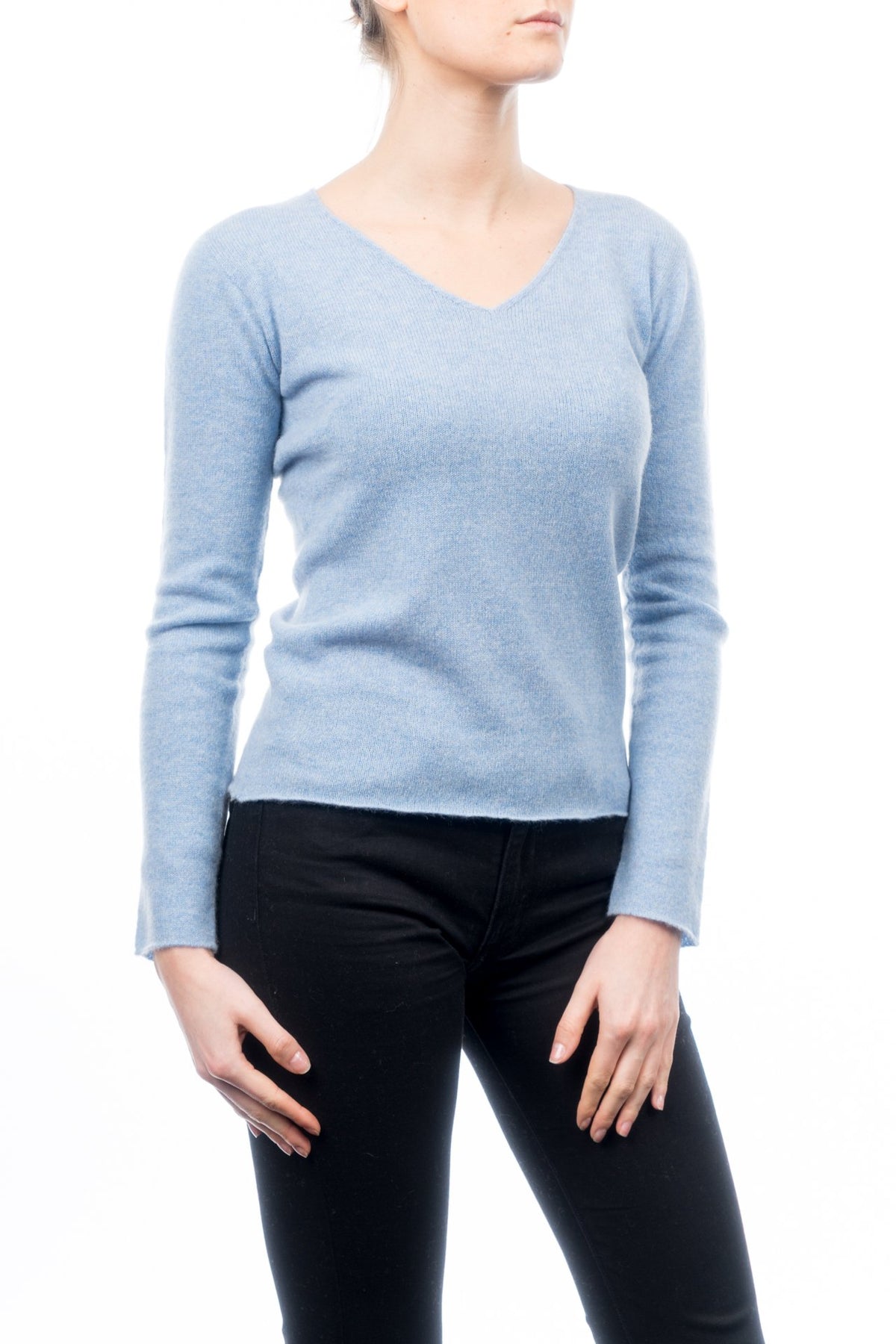 Pull col V femme 100 % cachemire, coloris Ciel, vue 2 | Dalle Piane Cashmere