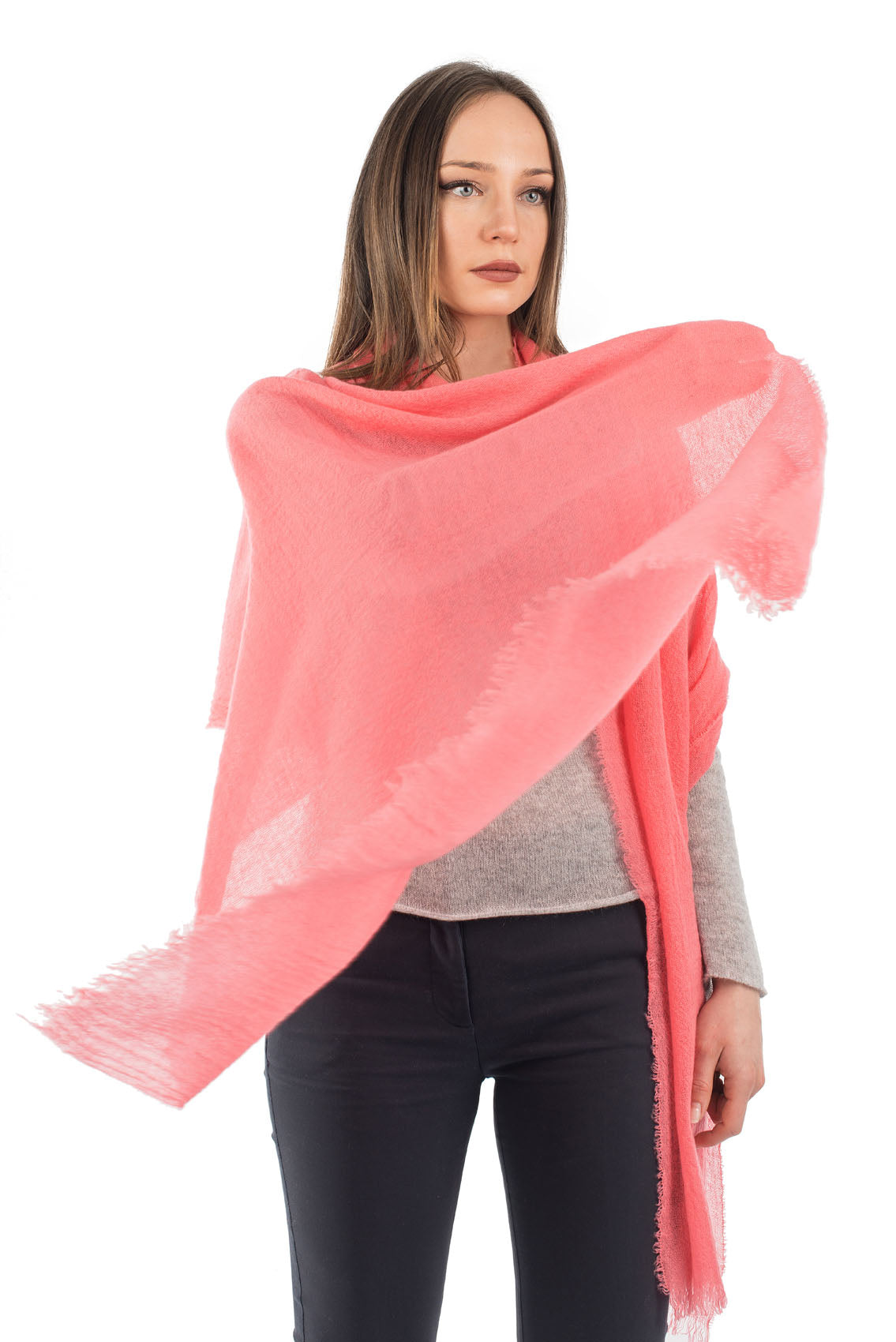 Pashmina femme 100 % cachemire, coloris Corail, vue 2 | Dalle Piane Cashmere