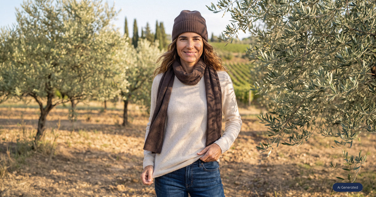 Pièces en cachemire Dalle Piane portées dans une oliveraie