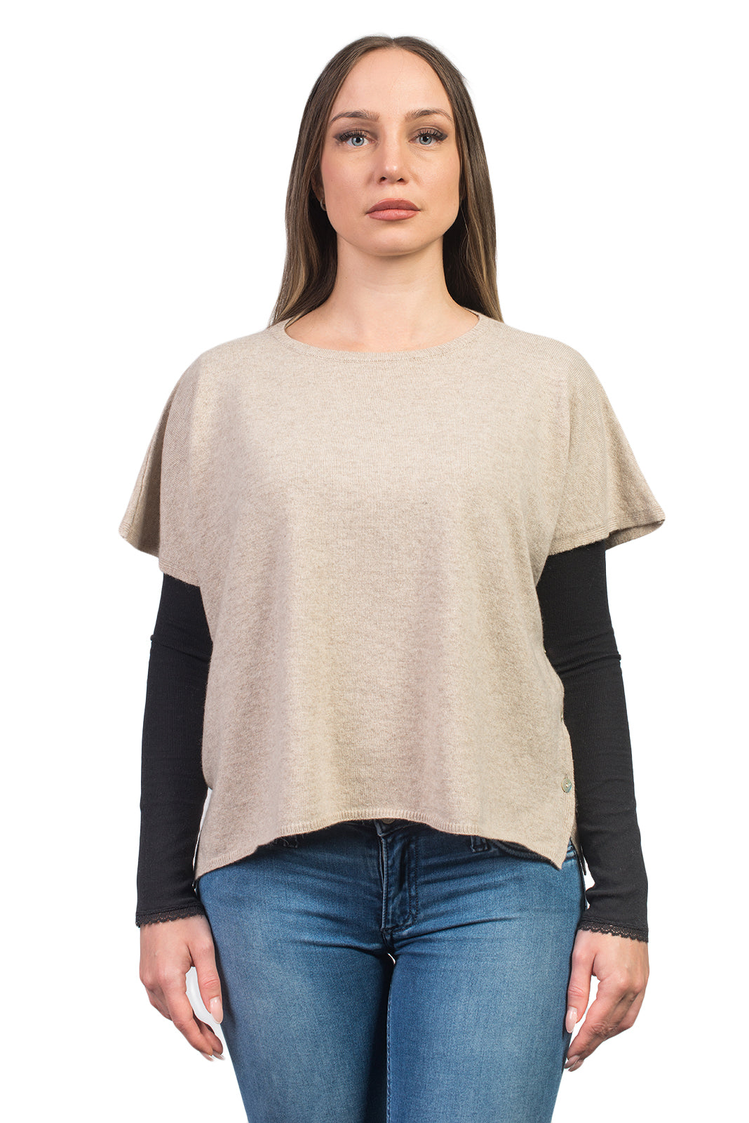 Girocollo con bottoni misto cashmere, colore Beige | Dalle Piane Cashmere