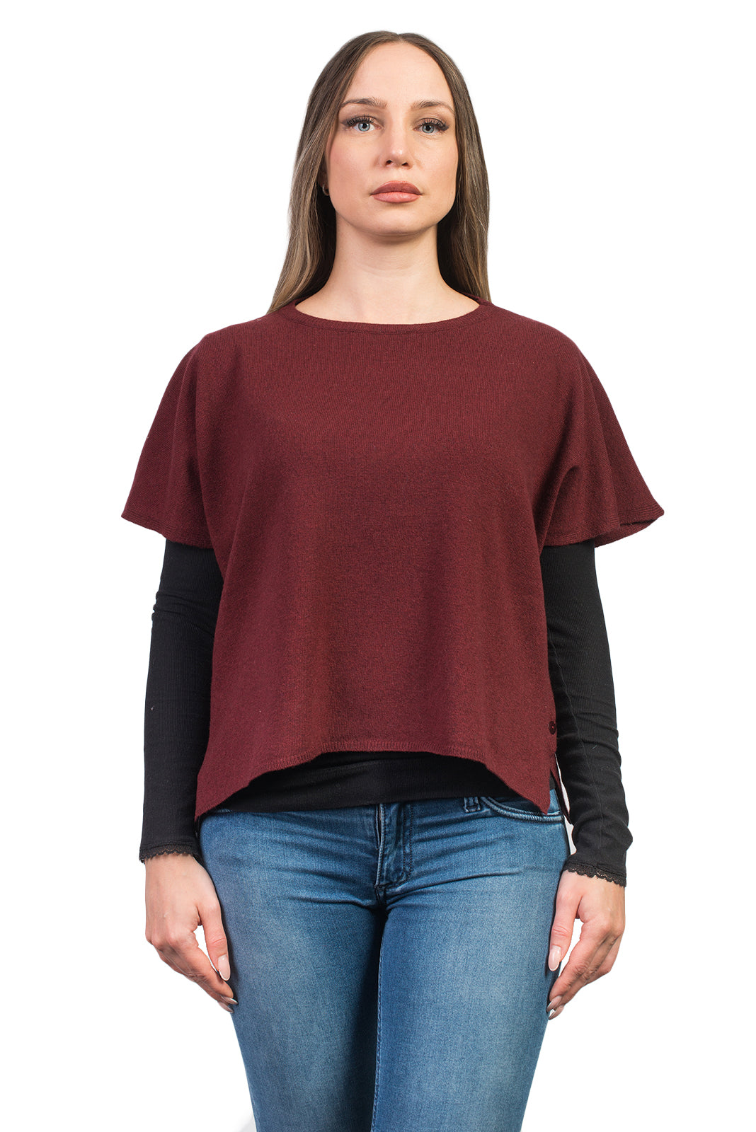 Pull col rond à boutons femme mélange cachemire, coloris Bordeaux | Dalle Piane Cashmere