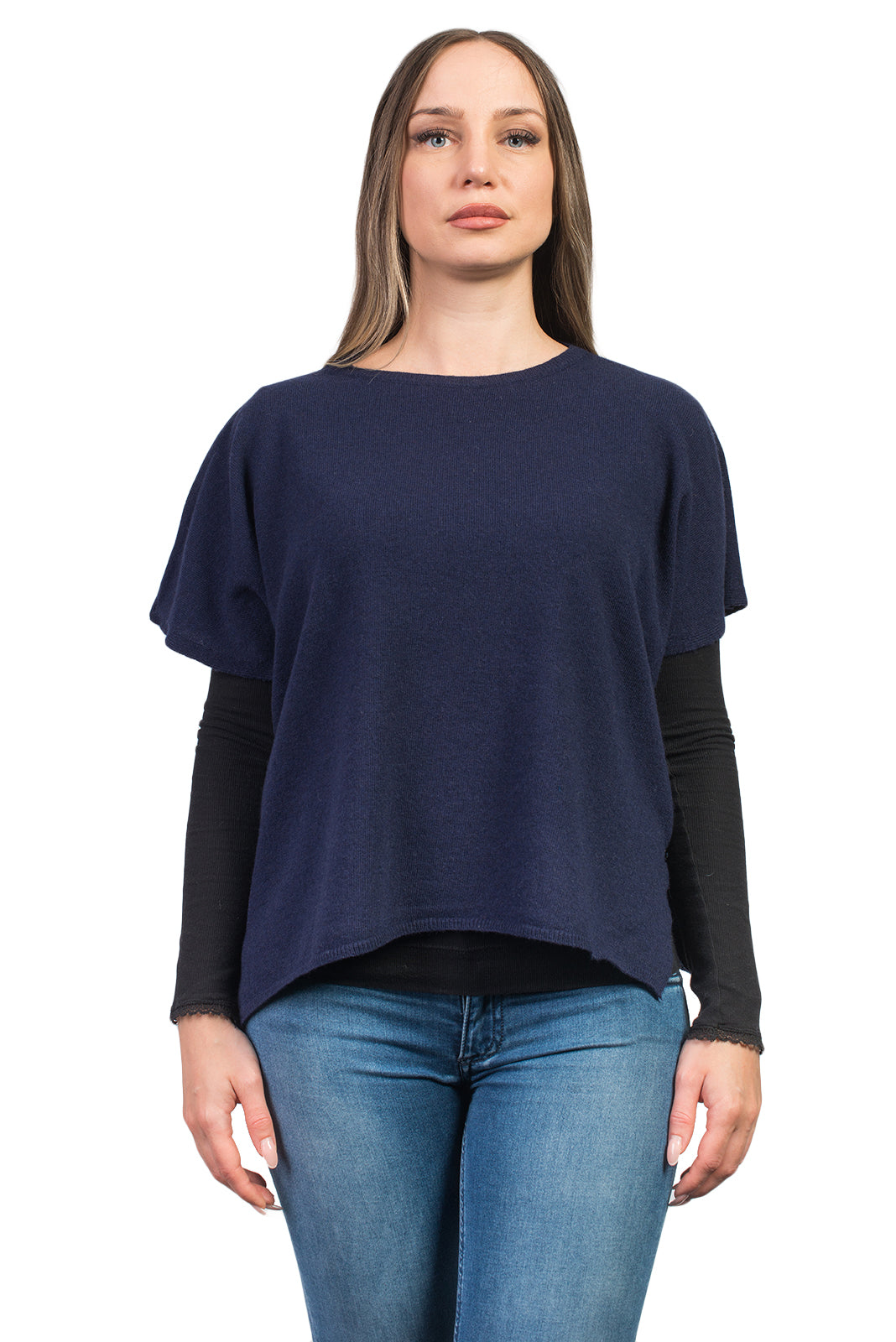 Pull col rond à boutons femme mélange cachemire, coloris Bleu | Dalle Piane Cashmere