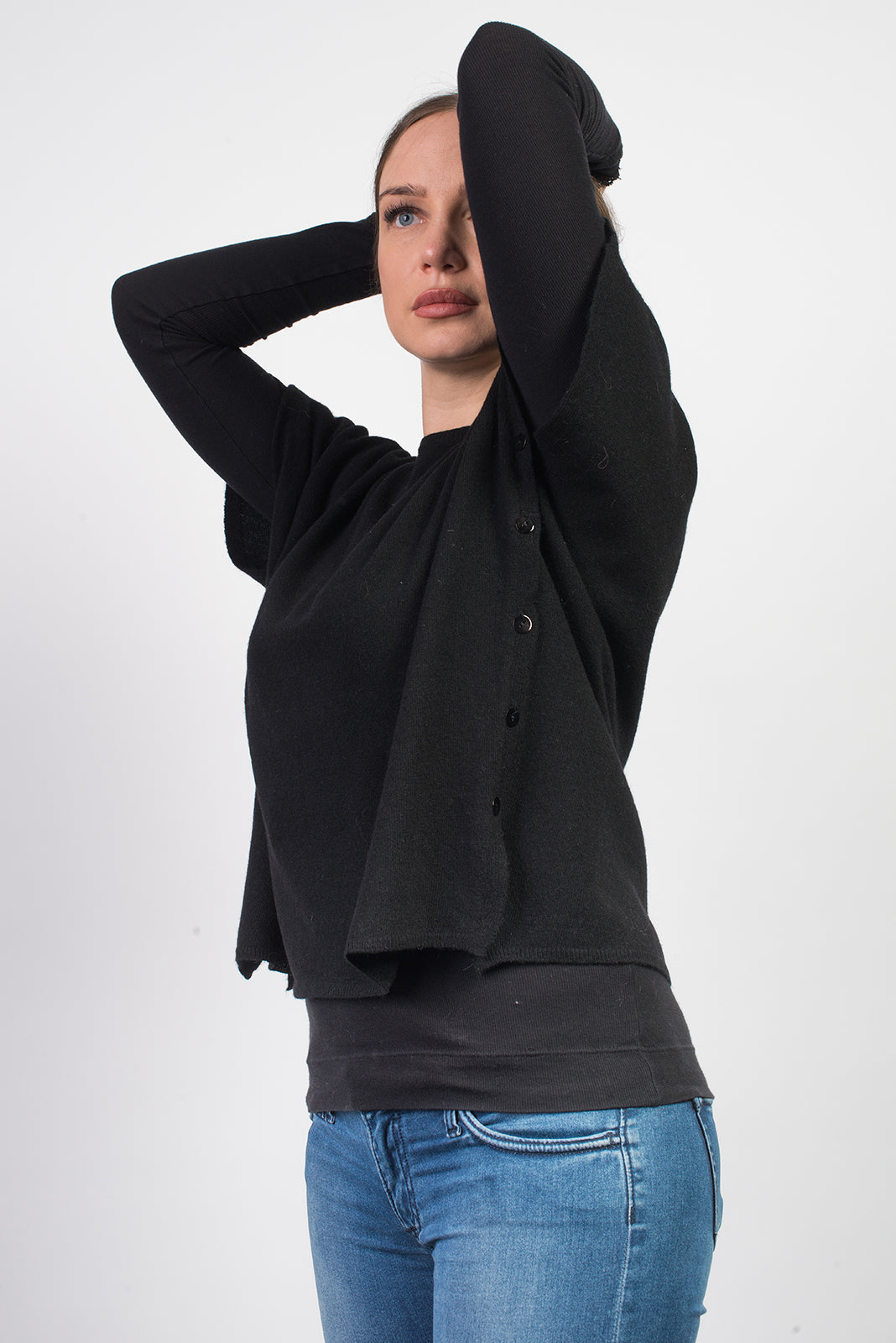 Pull col rond à boutons femme mélange cachemire, coloris Noir, vue 2 | Dalle Piane Cashmere