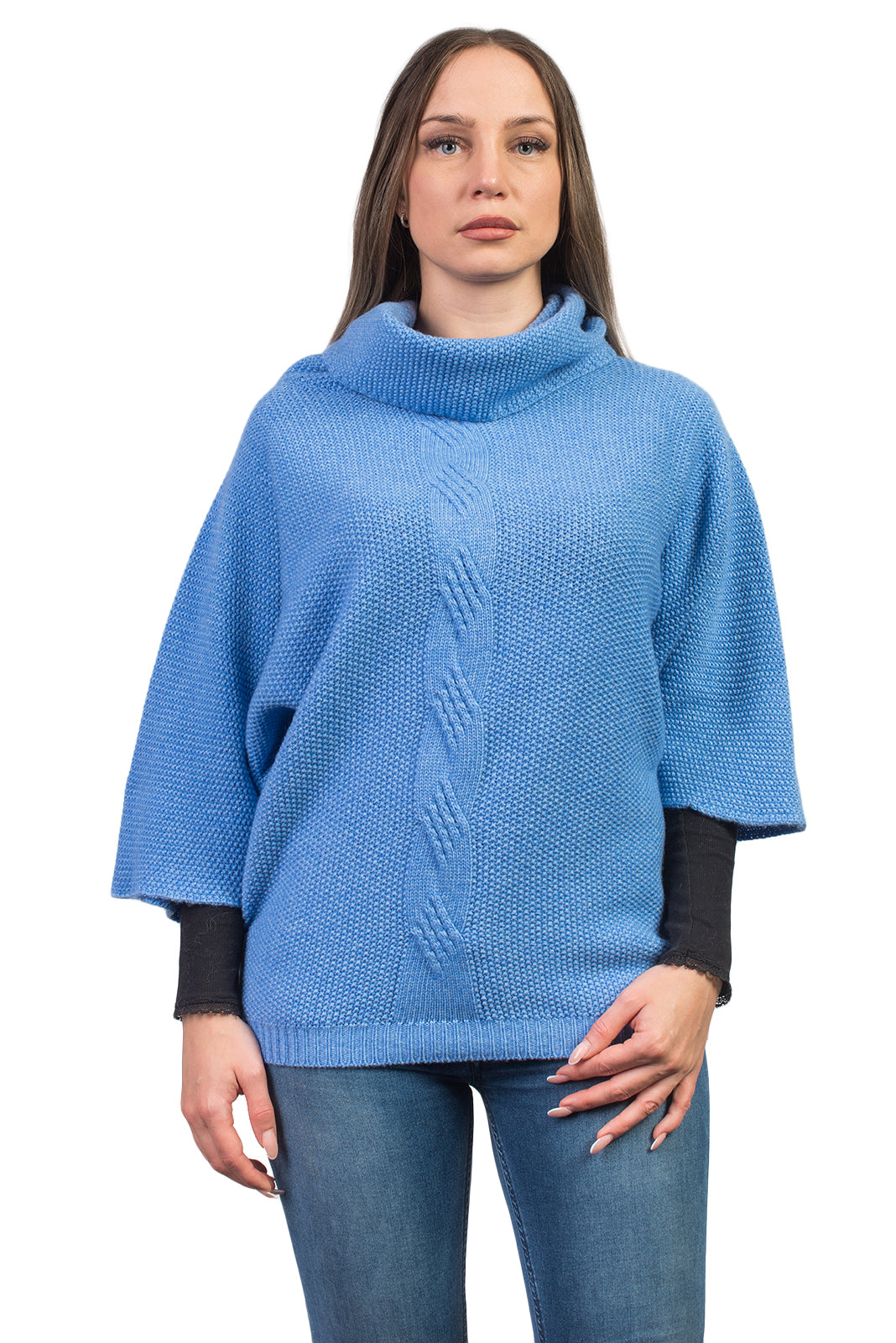 Pull à torsade femme mélange cachemire, coloris Azur | Dalle Piane Cashmere