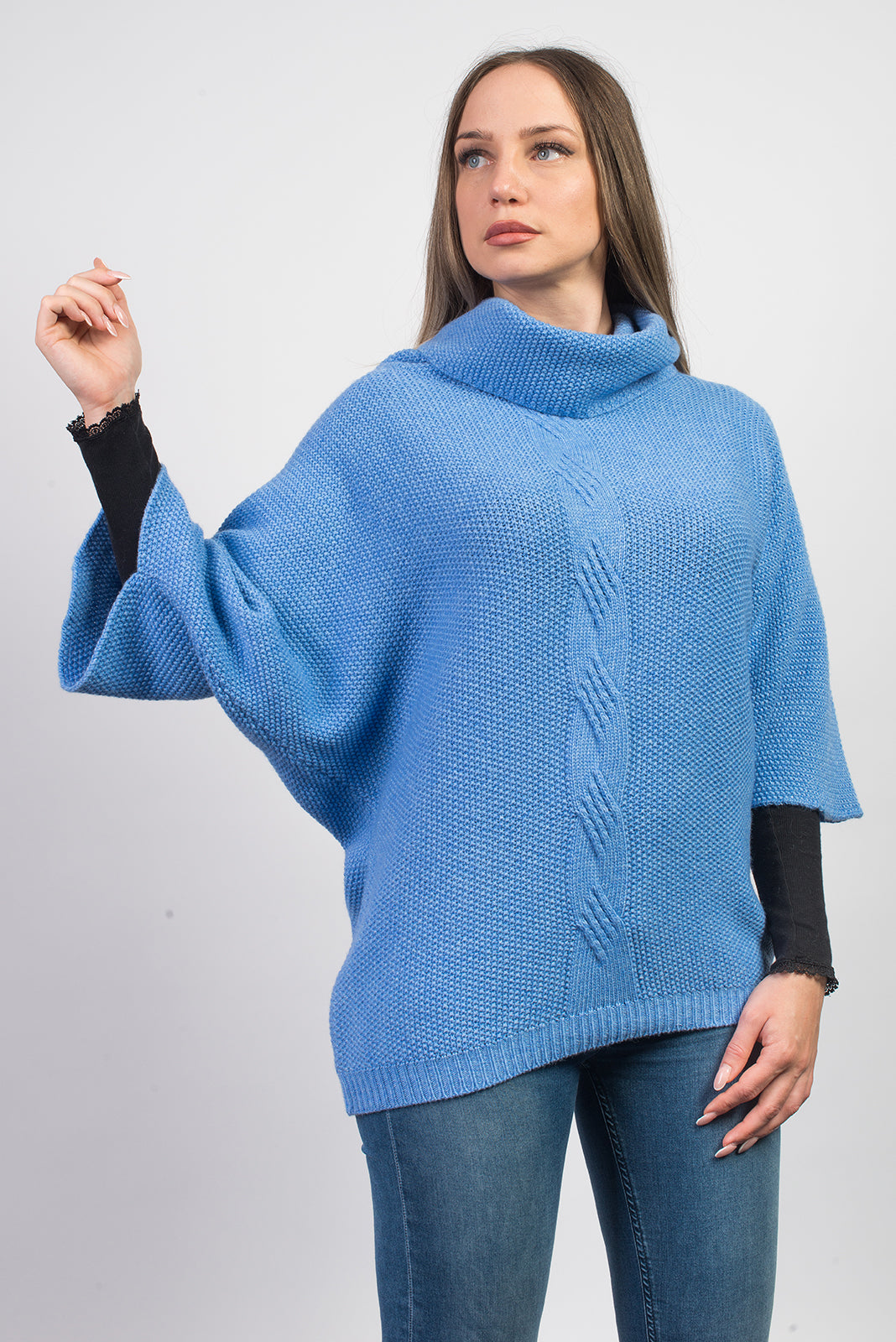 Pull à torsade femme mélange cachemire, coloris Azur, vue 2 | Dalle Piane Cashmere