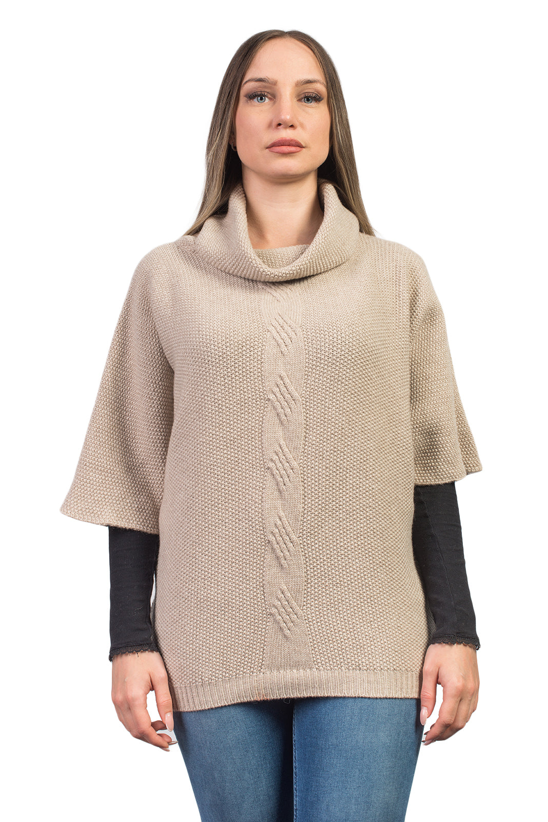 Maglia con treccia in misto cashmere, colore Beige | Dalle Piane Cashmere