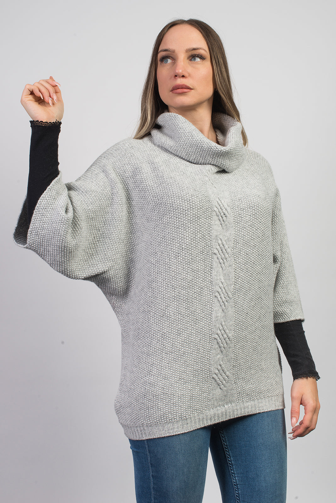 Pull à torsade femme mélange cachemire, coloris Gris, vue 2 | Dalle Piane Cashmere