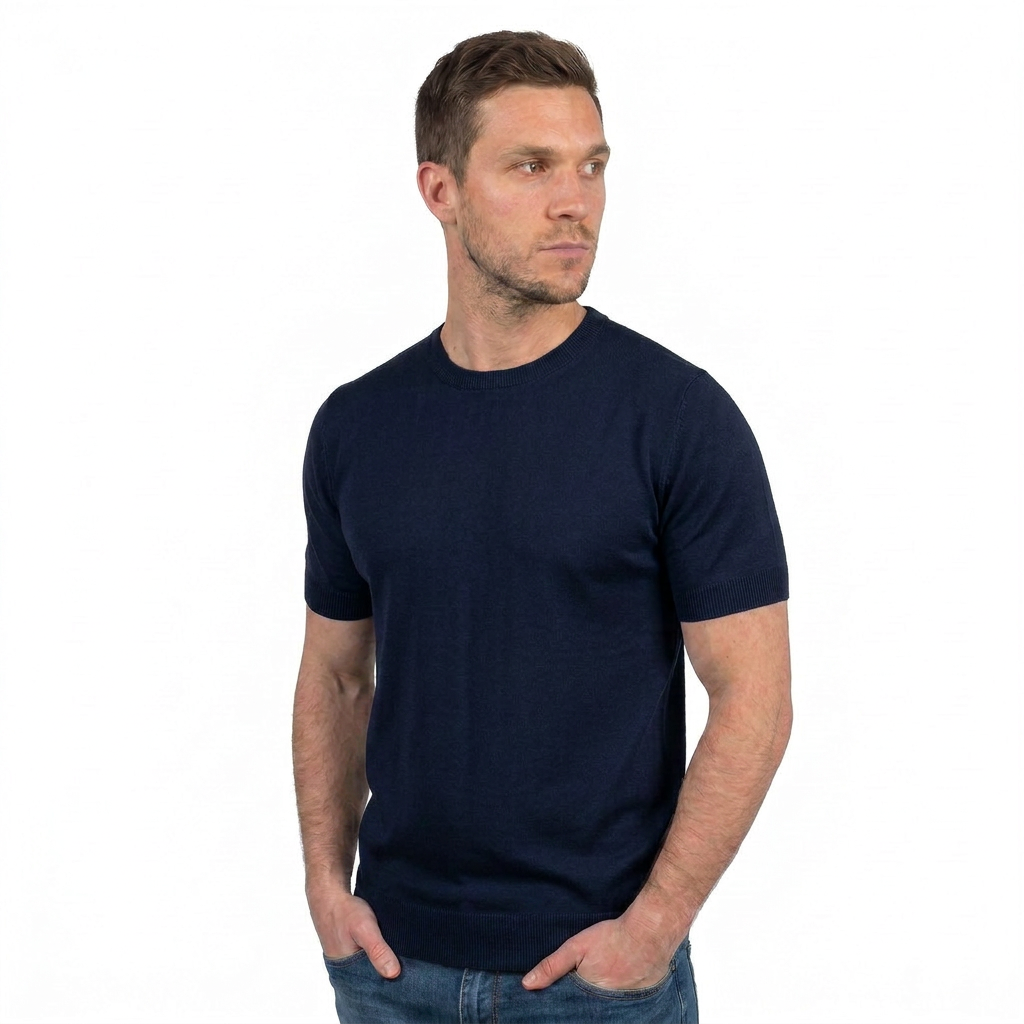 T-shirt manica corta 100% cotone, colore Blu, vista 2 | Dalle Piane Cashmere
