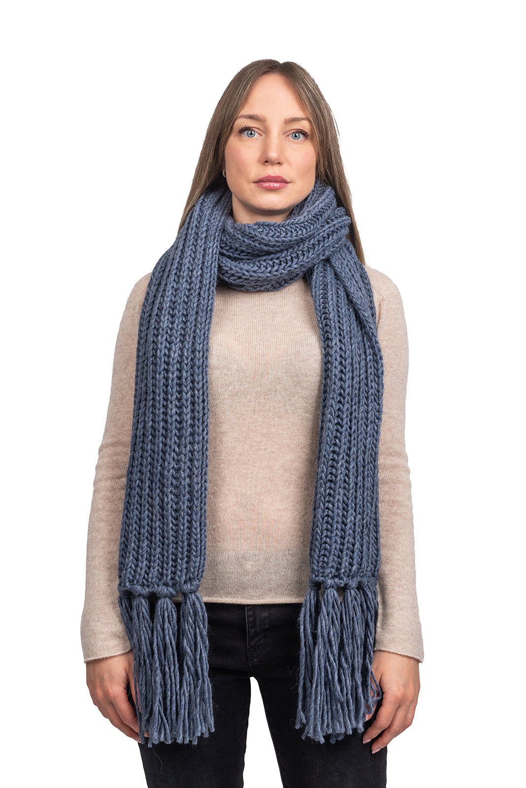 Écharpe à franges laine et alpaga, coloris Bleu jean | Dalle Piane Cashmere