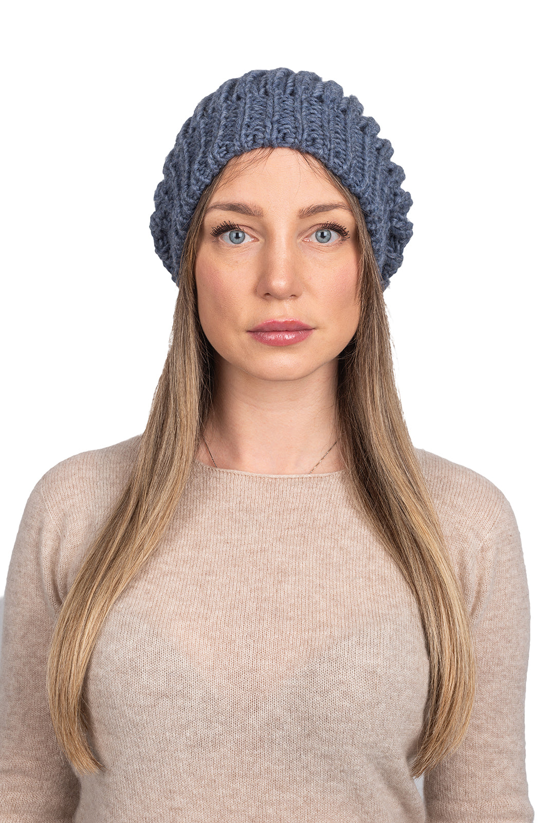 Bonnet côtes anglaises laine et alpaga, coloris Bleu jean | Dalle Piane Cashmere