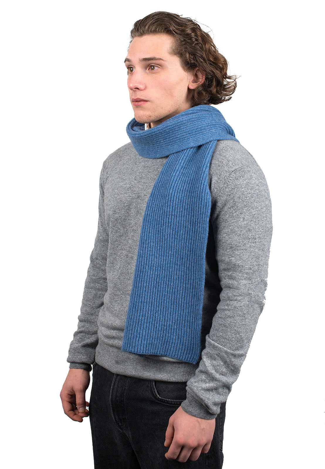 Écharpe homme côtes anglaises 100 % cachemire, coloris Azur | Dalle Piane Cashmere