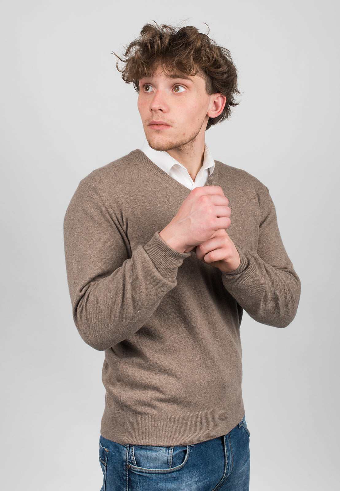 Pull col V homme mélange cachemire, coloris Vison, vue 3 | Dalle Piane Cashmere