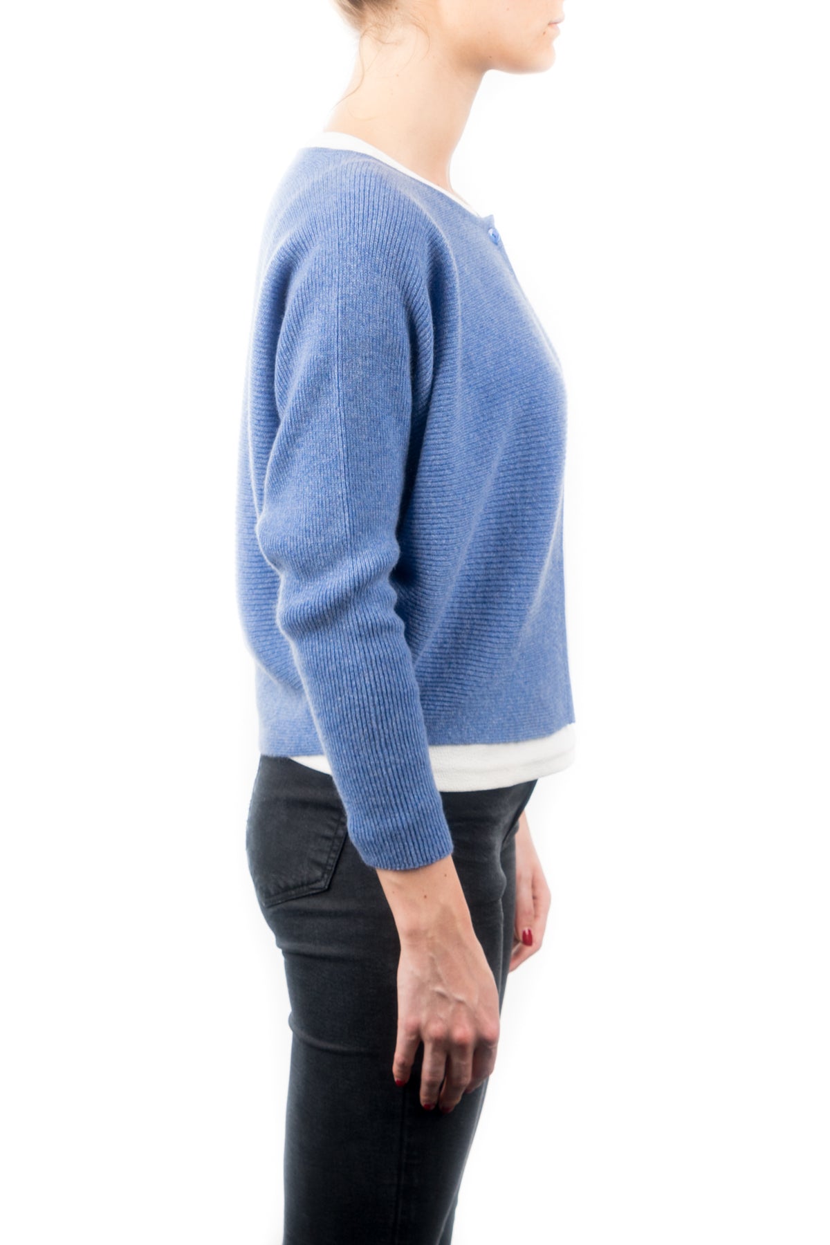 Cardigan court femme 100 % cachemire, coloris Azur, vue 2 | Dalle Piane Cashmere