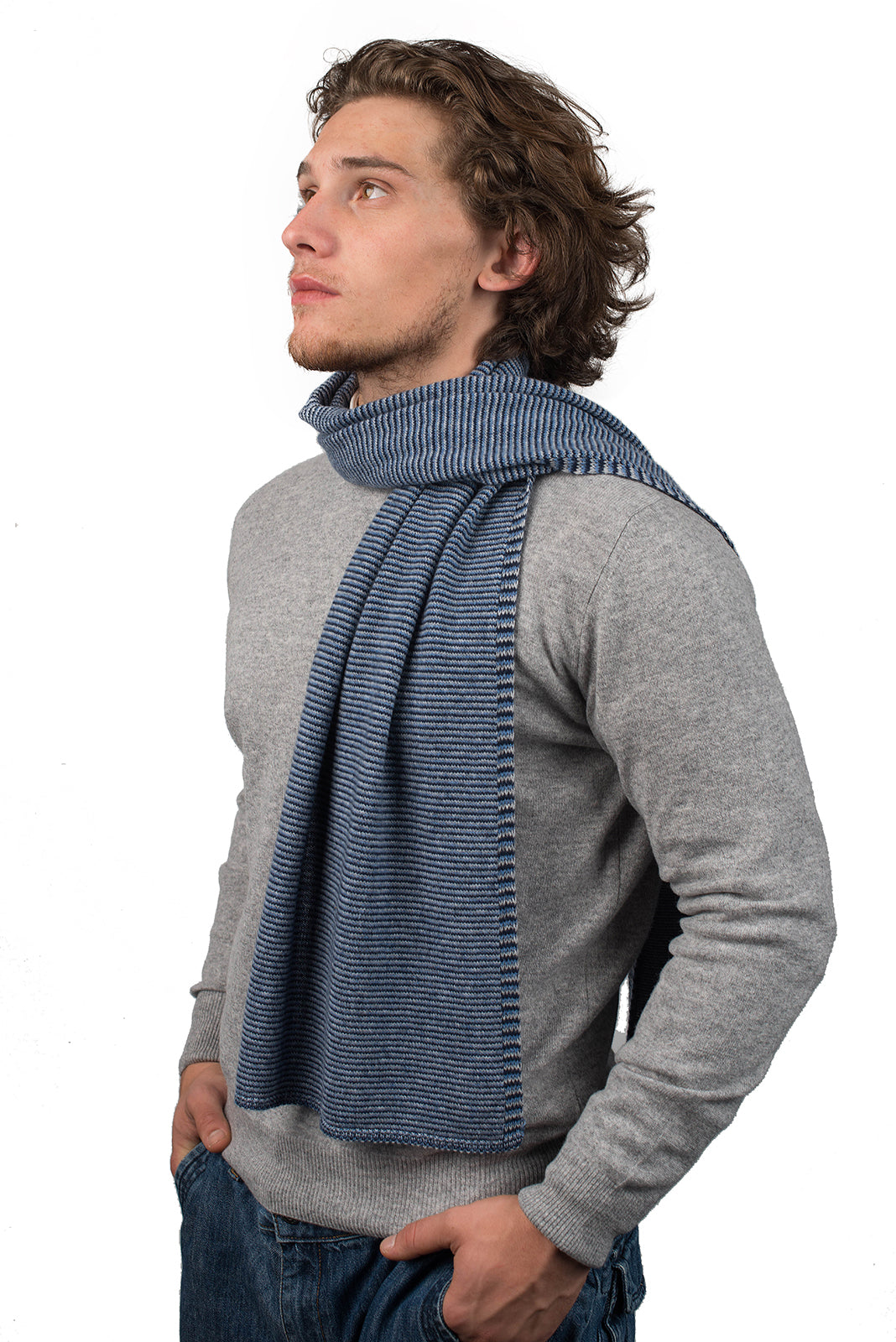 Sciarpa multi righe Uomo 100% Cashmere, colore Blu-Azzurro-Cielo | Dalle Piane Cashmere