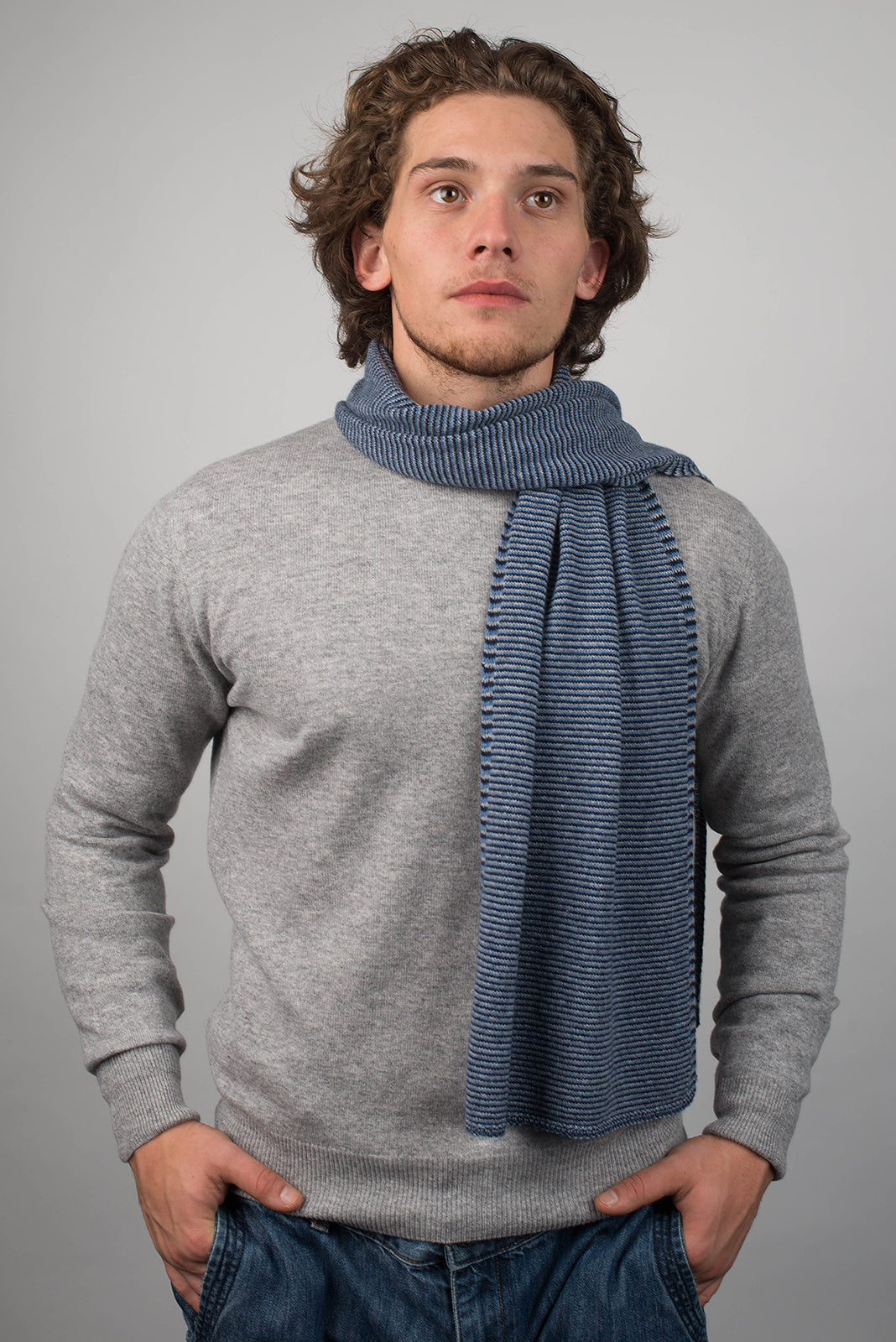 Sciarpa multi righe Uomo 100% Cashmere, colore Blu-Azzurro-Cielo, vista 2 | Dalle Piane Cashmere