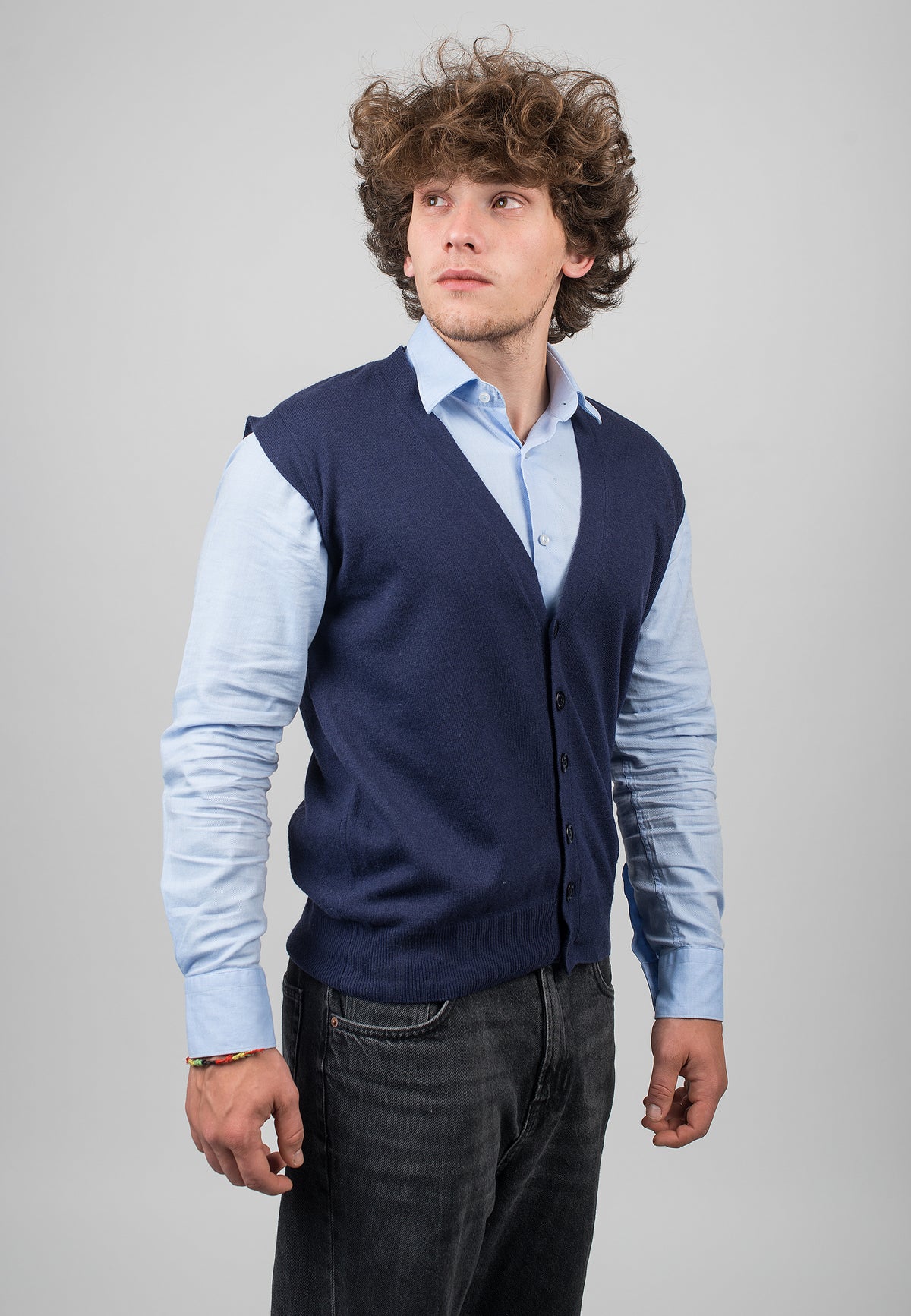 Gilet con bottoni misto cashmere, colore Blu, vista 2 | Dalle Piane Cashmere