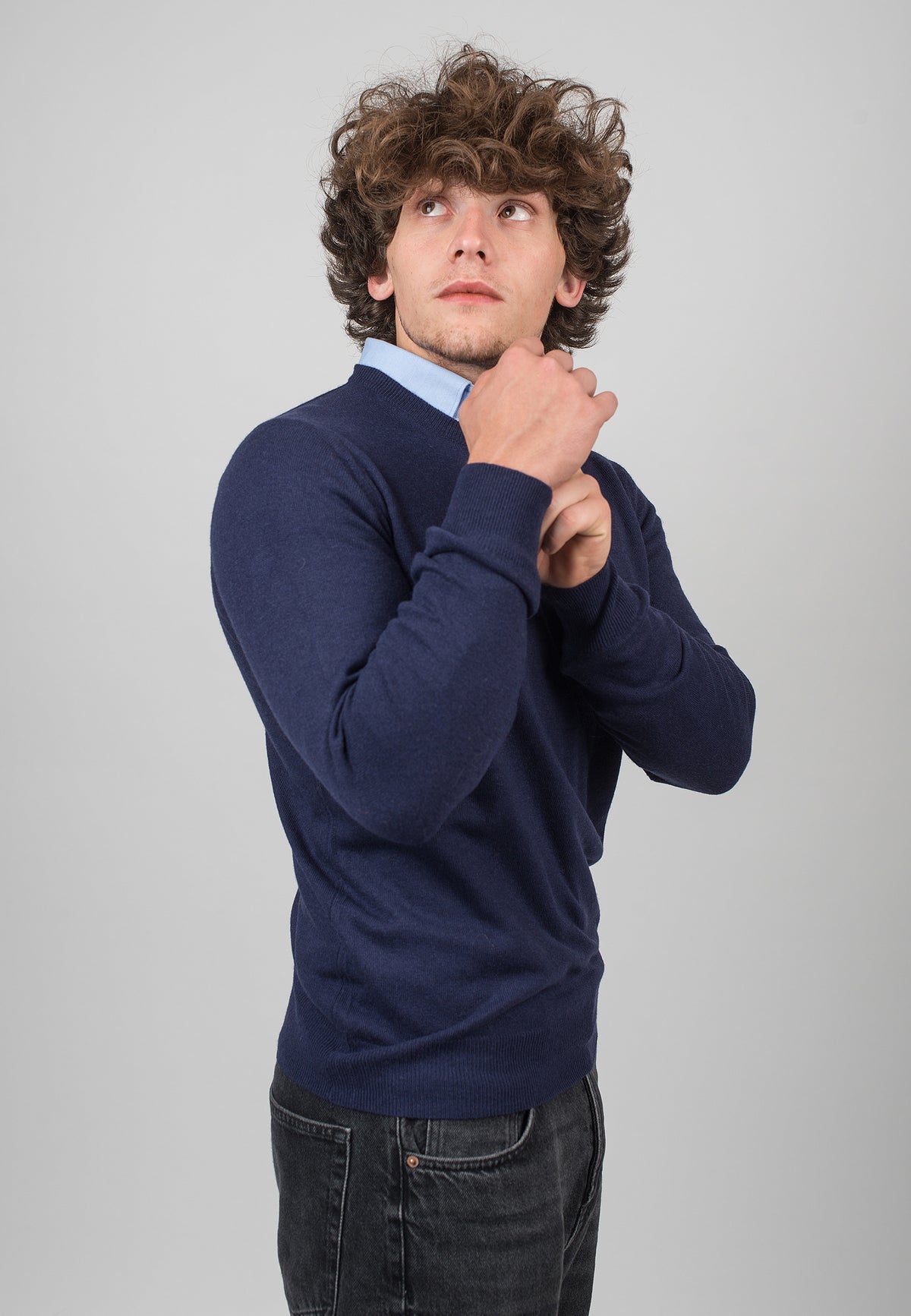 Pull col rond homme mélange cachemire, coloris Bleu, vue 3 | Dalle Piane Cashmere