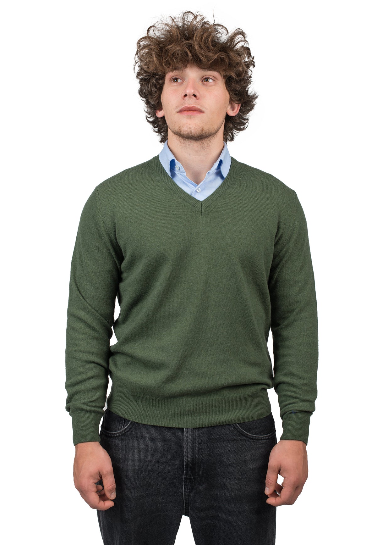 Pull col V homme mélange cachemire, coloris Kaki | Dalle Piane Cashmere