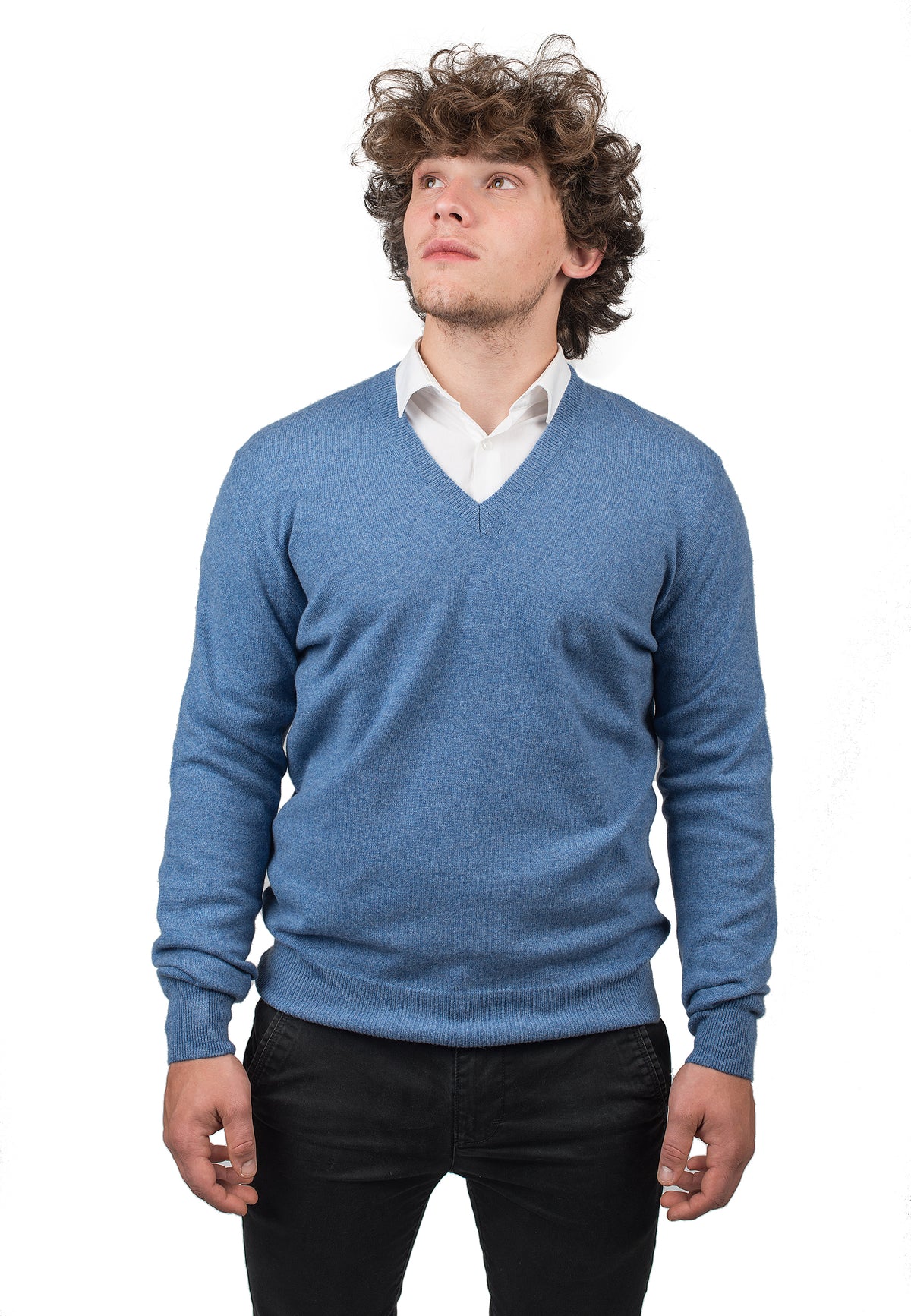 Pull col V homme 100 % cachemire, coloris Azur | Dalle Piane Cashmere